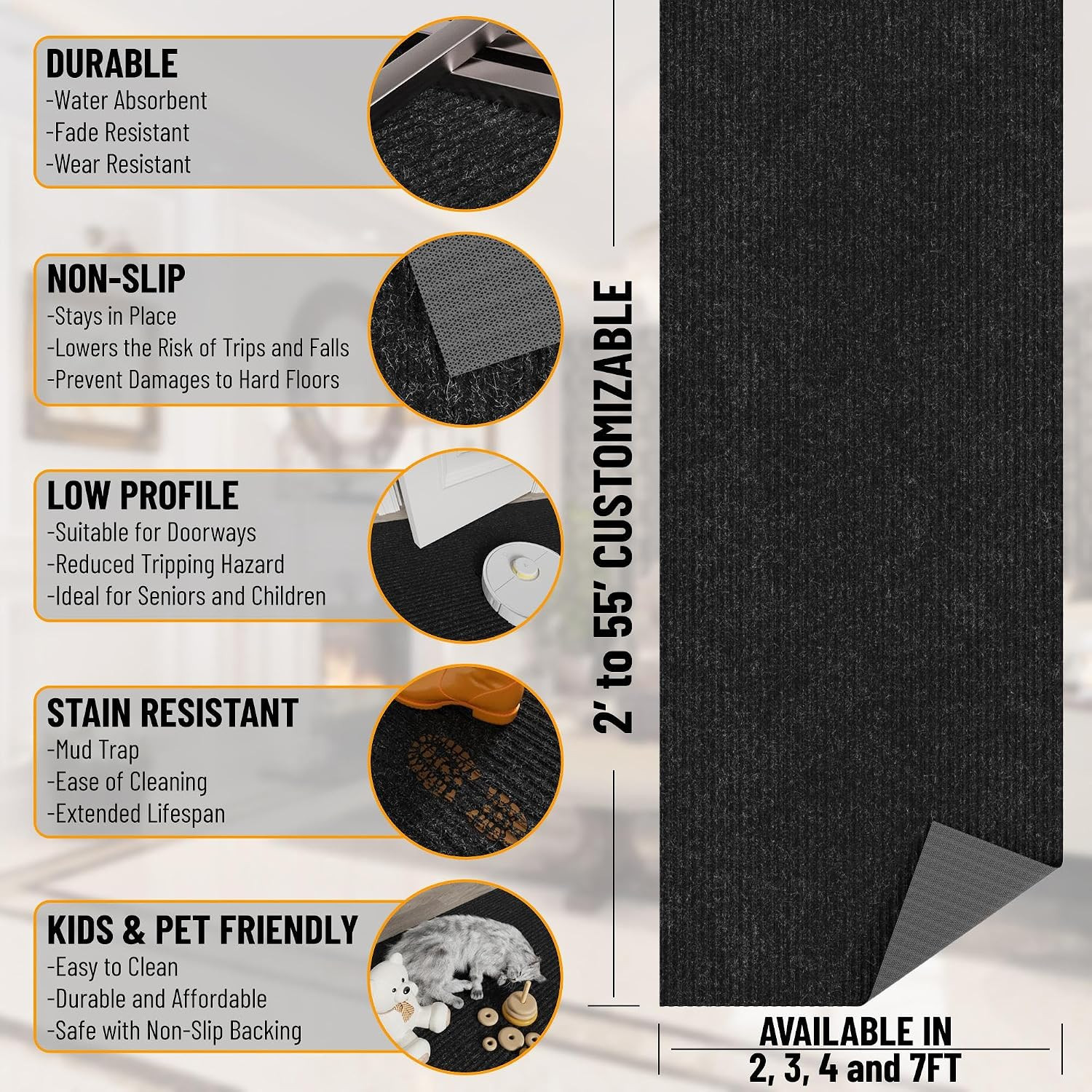 Ottomanson 2'7 x 25' Hallway Runner with Scraper Pile - Extra Durable Non-Slip Rug Mat for Indoor & Outdoor Use - Ideal for Kitchen. Entryway & Garage - High-Traffic Carpet. Black