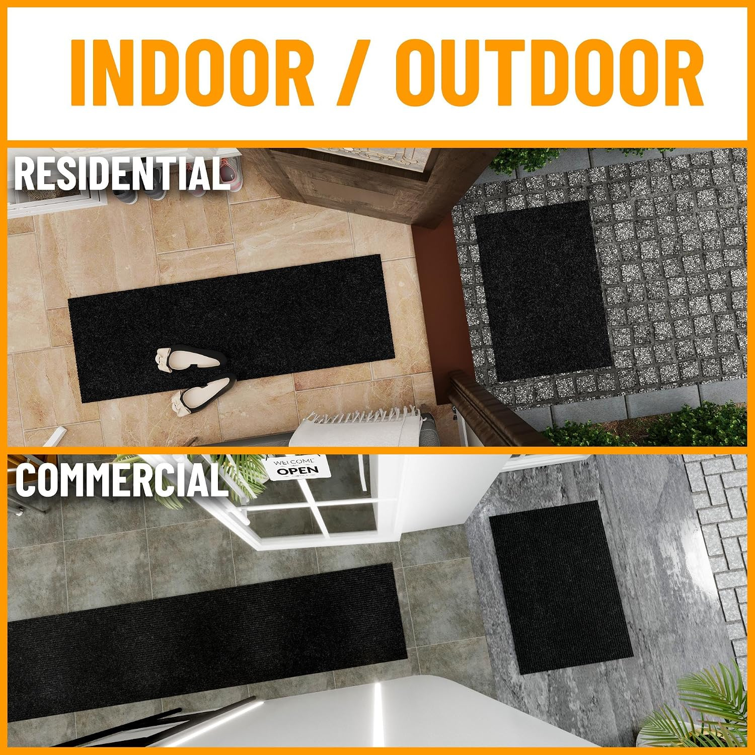 Ottomanson 2'7 x 25' Hallway Runner with Scraper Pile - Extra Durable Non-Slip Rug Mat for Indoor & Outdoor Use - Ideal for Kitchen. Entryway & Garage - High-Traffic Carpet. Black