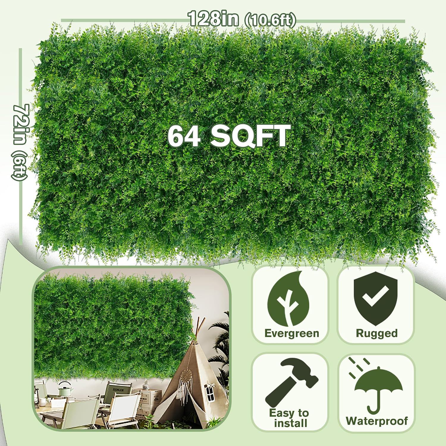 DOPGIB 72x128 (64 SQFT) Greenery Faux Grass Wall Hedge Backdrop | UV Resistant Green Leaves Faux. Garden Indoor Outdoor Home Decor. Artificial Hedge Vine Backdrop Fence Covering Privacy