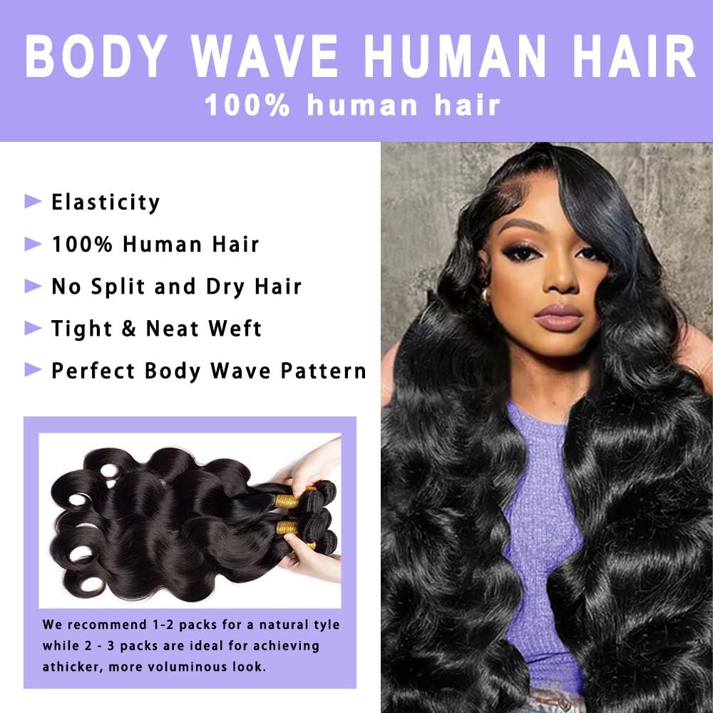 AGINBUY Human Hair Bundles Body Wave 20 22 24Inch 12A Brazilian Weave 3 Bundles for Women Natural Black Quick Weave Human Hair Extensions Double Weft