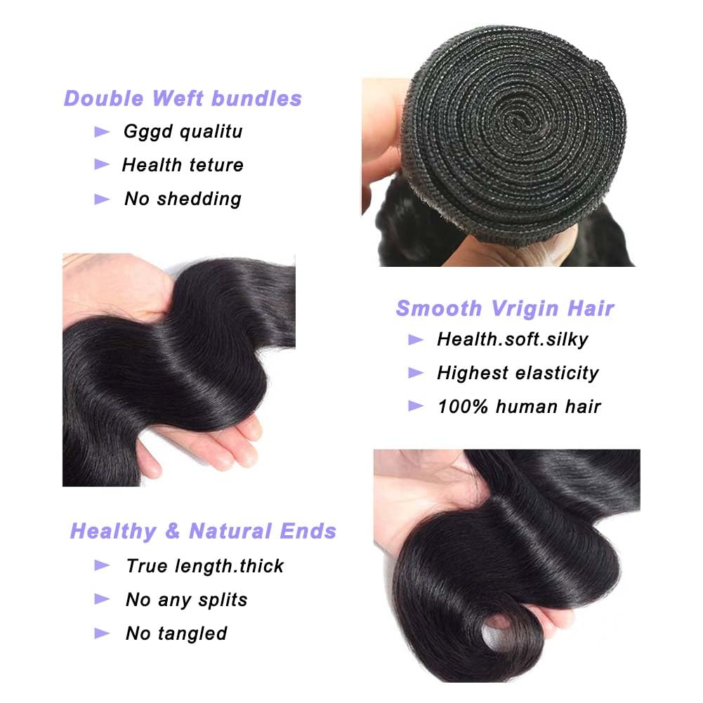 AGINBUY Human Hair Bundles Body Wave 20 22 24Inch 12A Brazilian Weave 3 Bundles for Women Natural Black Quick Weave Human Hair Extensions Double Weft