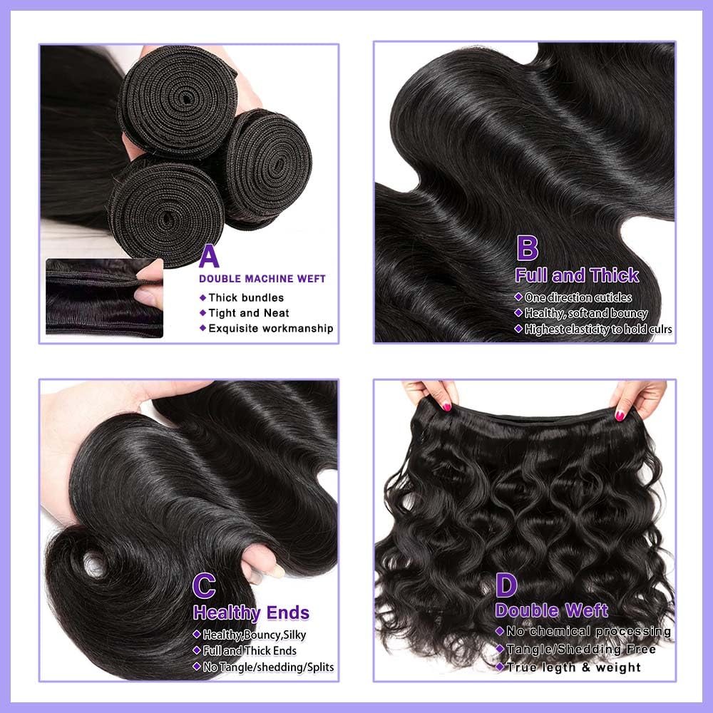 AGINBUY Human Hair Bundles Body Wave 20 22 24Inch 12A Brazilian Weave 3 Bundles for Women Natural Black Quick Weave Human Hair Extensions Double Weft