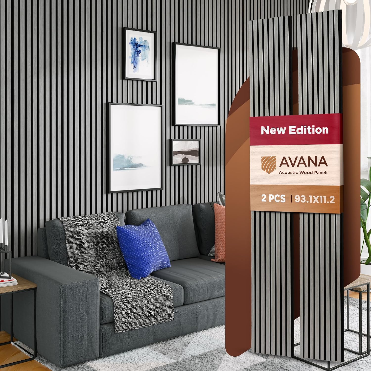 Avana Acoustic Wood Wall Panels – 93.2x11.25 Inch Panels – Fits 94x12 Layout – Gray Oak Acoustic Panels 2 PCs – Wall Panels for Interior Wall Decor for Homes. Offices –Decorative Wood Panels for Wall