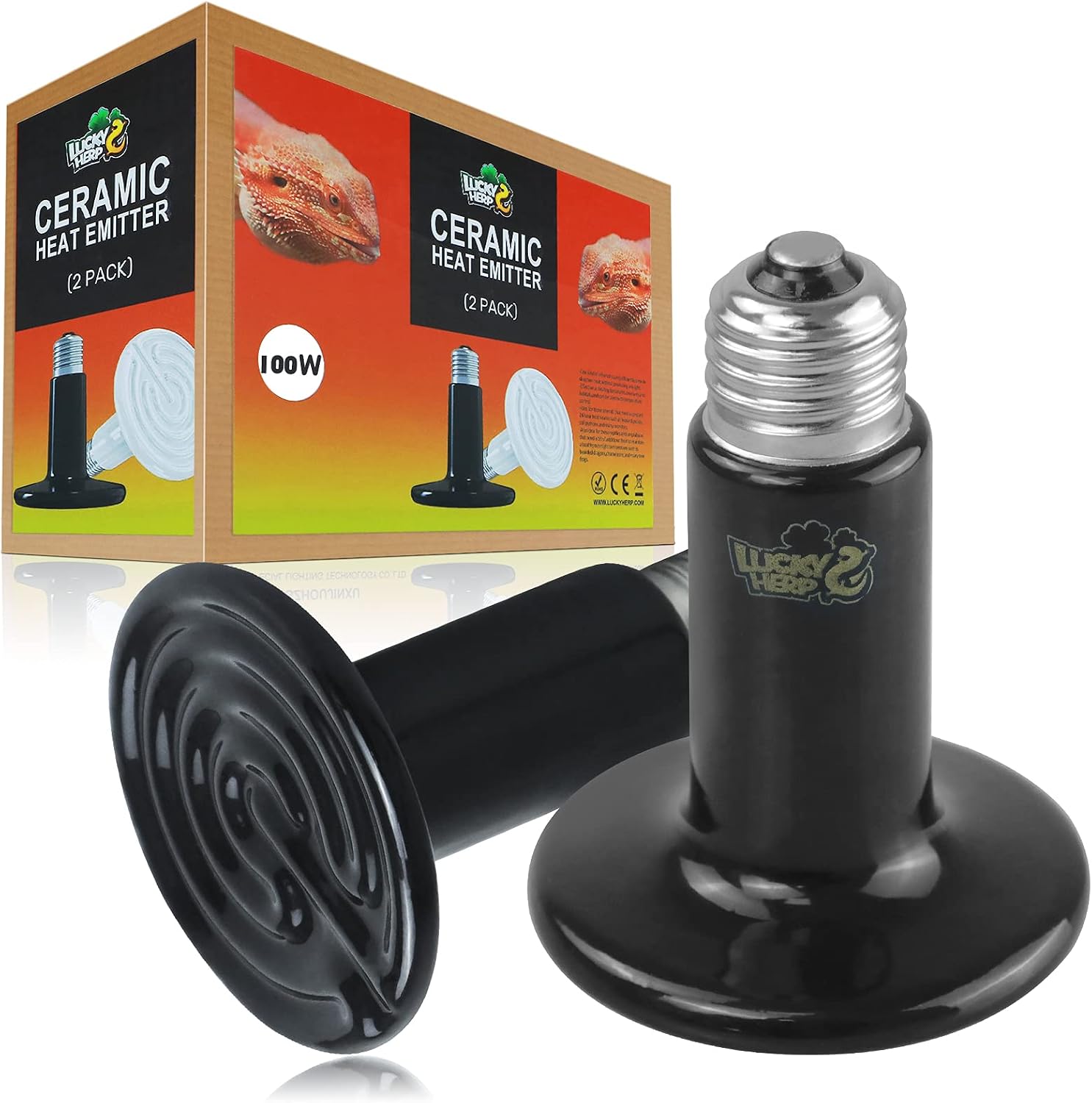 LUCKY HERP 100W Ceramic Heat Emitter. Reptile Heat Bulbs. Ceramic Heat Lamp for Reptiles. Amphibian. Chicken. Dog. Cat (2-Pack)