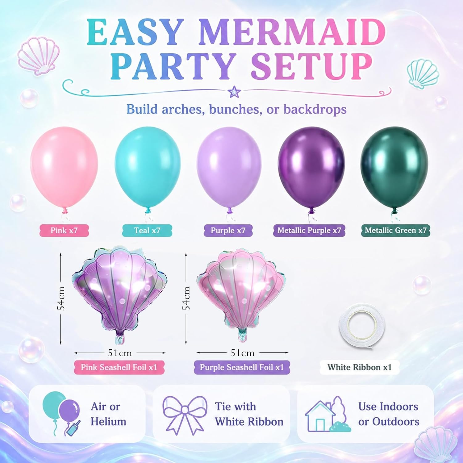 Mermaid Balloons.Sea Theme Birthday Baby Shower Decorations for Girls | Seashell Balloon Macaron Pink Purple Green Metallic Latex Set for Girl Birthday Sea Theme Baby Shower Backdrop Decorations