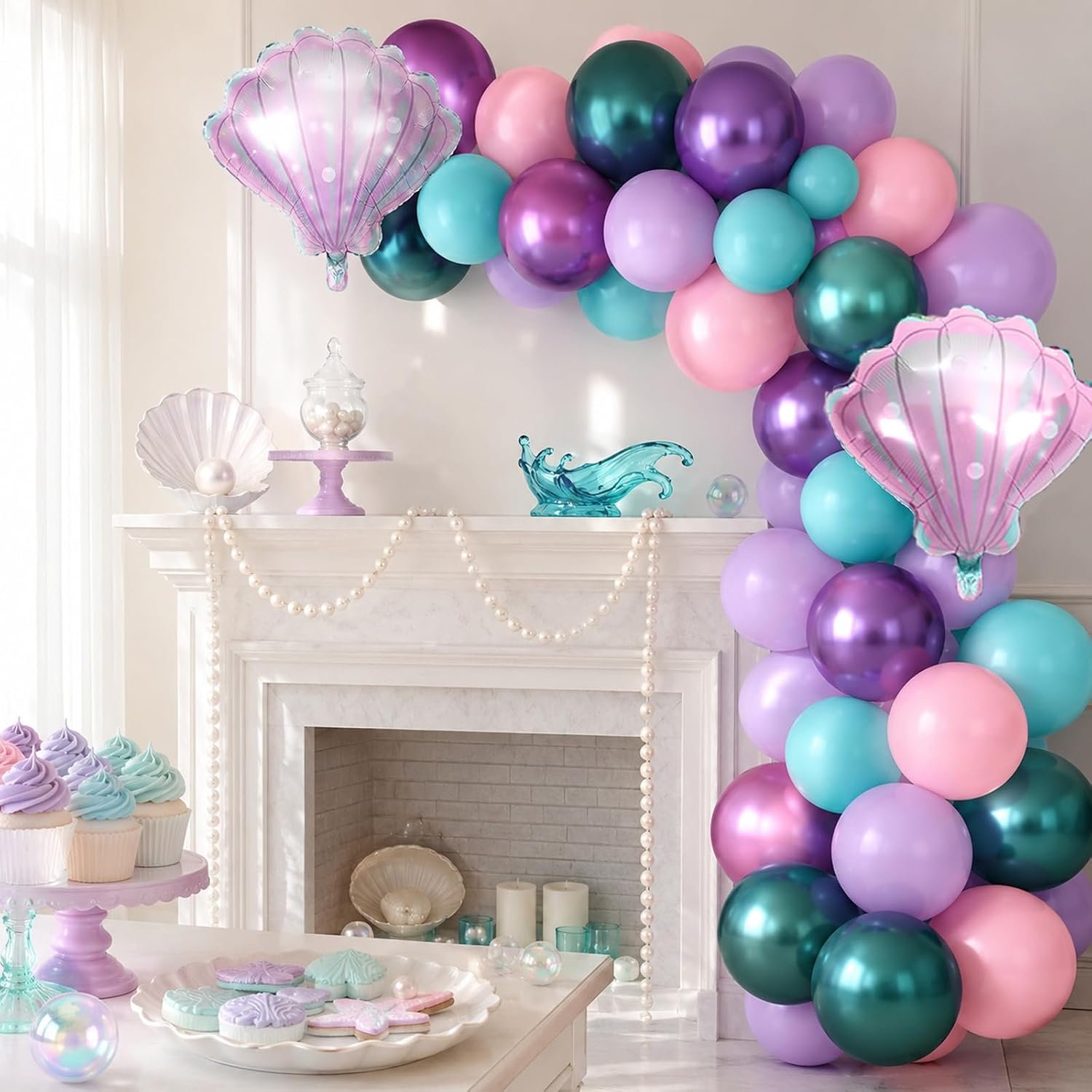 Mermaid Balloons.Sea Theme Birthday Baby Shower Decorations for Girls | Seashell Balloon Macaron Pink Purple Green Metallic Latex Set for Girl Birthday Sea Theme Baby Shower Backdrop Decorations