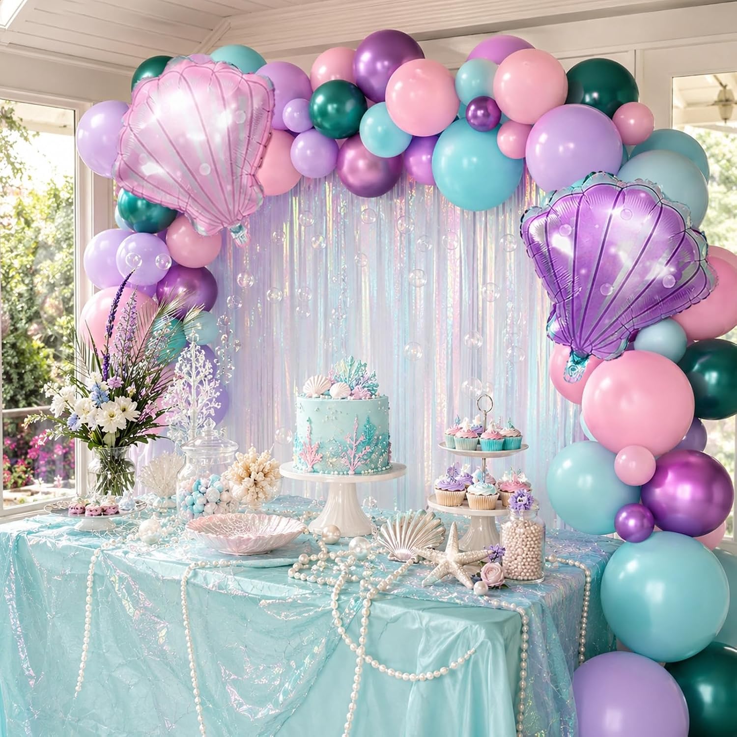 Mermaid Balloons.Sea Theme Birthday Baby Shower Decorations for Girls | Seashell Balloon Macaron Pink Purple Green Metallic Latex Set for Girl Birthday Sea Theme Baby Shower Backdrop Decorations