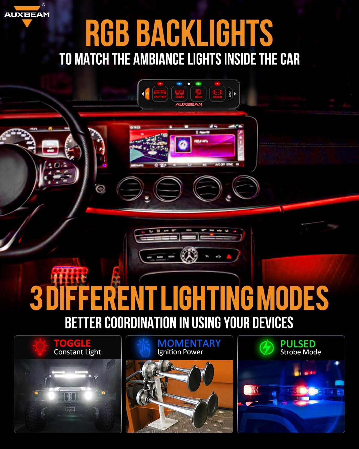 Auxbeam 4 Gang Slim Switch Panel RGB AS-R40 Auto-Dimmable Control Panel | Toggle Momentary Pulsed Switch Pod.On/Off Backlight.Multifunction Switch for Truck Offroad Boat.Waterproof. 3 Years Warranty