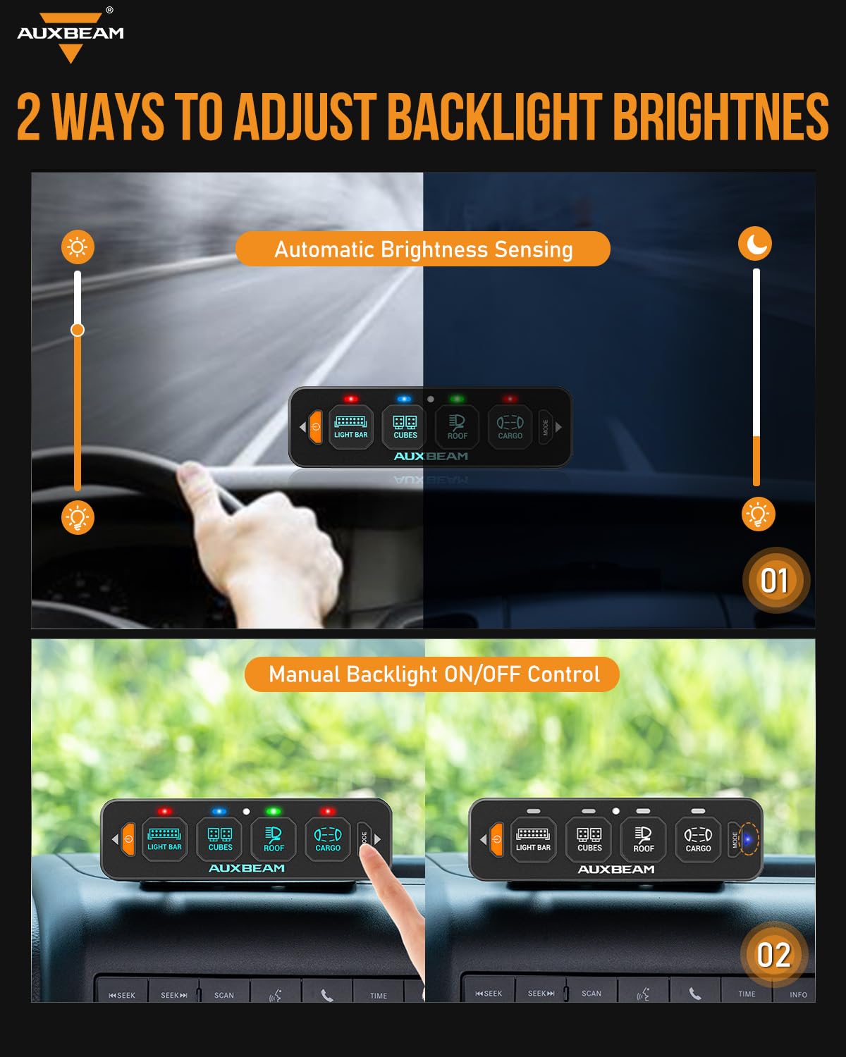 Auxbeam 4 Gang Slim Switch Panel RGB AS-R40 Auto-Dimmable Control Panel | Toggle Momentary Pulsed Switch Pod.On/Off Backlight.Multifunction Switch for Truck Offroad Boat.Waterproof. 3 Years Warranty