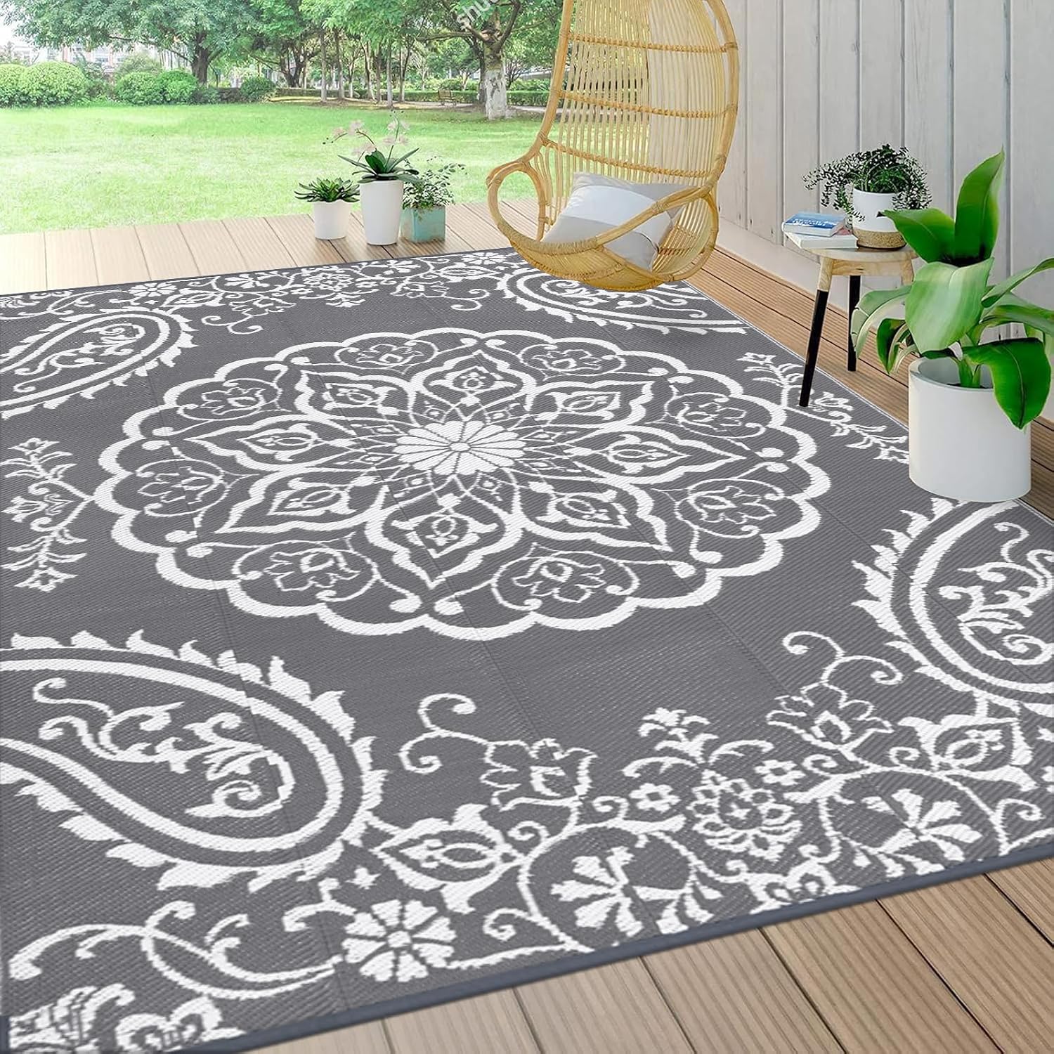 Pauwer Outdoor Rug 10x14. Waterproof Plastic Straw Camping Rug. Boho Grey | Reversible Patio Rug. UV Resistant Indoor Outdoor RV Mat Carpet For Deck. Camper. Porch. Balcony. Backyard. Picnic. Foldable