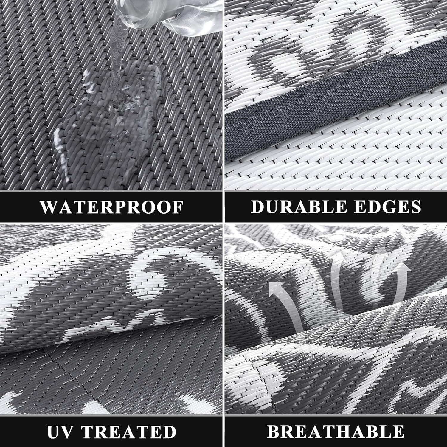 Pauwer Outdoor Rug 10x14. Waterproof Plastic Straw Camping Rug. Boho Grey | Reversible Patio Rug. UV Resistant Indoor Outdoor RV Mat Carpet For Deck. Camper. Porch. Balcony. Backyard. Picnic. Foldable