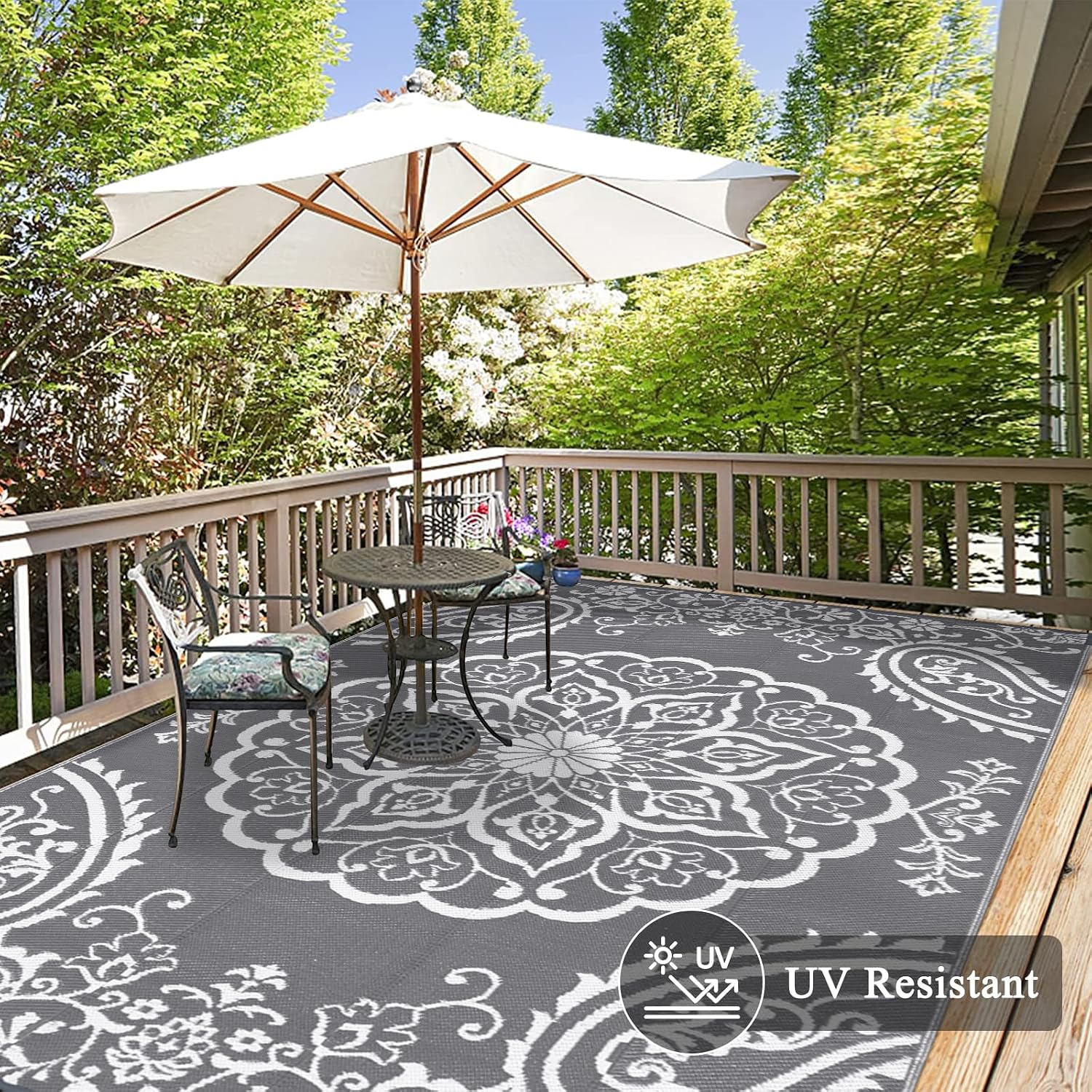 Pauwer Outdoor Rug 10x14. Waterproof Plastic Straw Camping Rug. Boho Grey | Reversible Patio Rug. UV Resistant Indoor Outdoor RV Mat Carpet For Deck. Camper. Porch. Balcony. Backyard. Picnic. Foldable