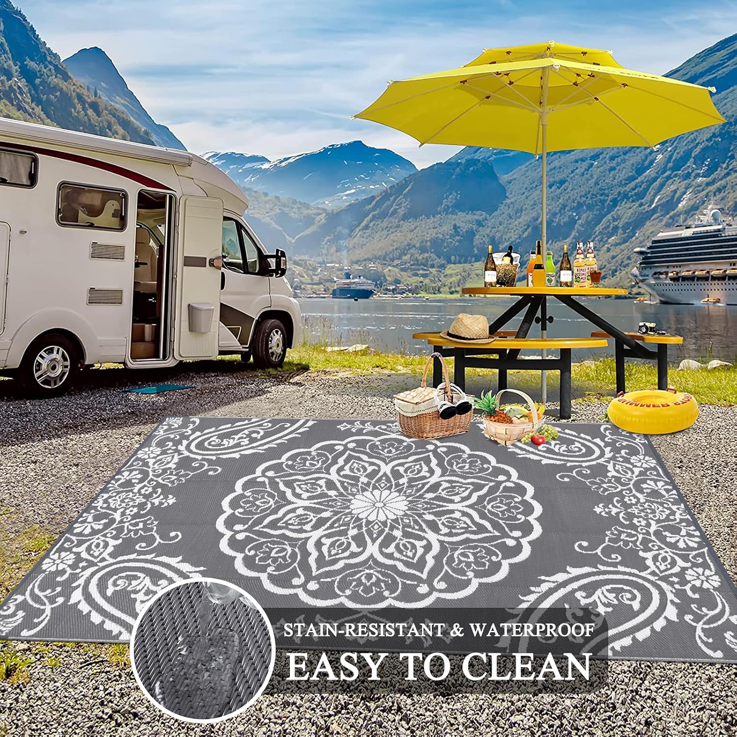 Pauwer Outdoor Rug 10x14. Waterproof Plastic Straw Camping Rug. Boho Grey | Reversible Patio Rug. UV Resistant Indoor Outdoor RV Mat Carpet For Deck. Camper. Porch. Balcony. Backyard. Picnic. Foldable