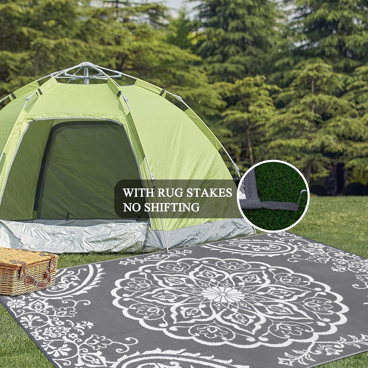 Pauwer Outdoor Rug 10x14. Waterproof Plastic Straw Camping Rug. Boho Grey | Reversible Patio Rug. UV Resistant Indoor Outdoor RV Mat Carpet For Deck. Camper. Porch. Balcony. Backyard. Picnic. Foldable