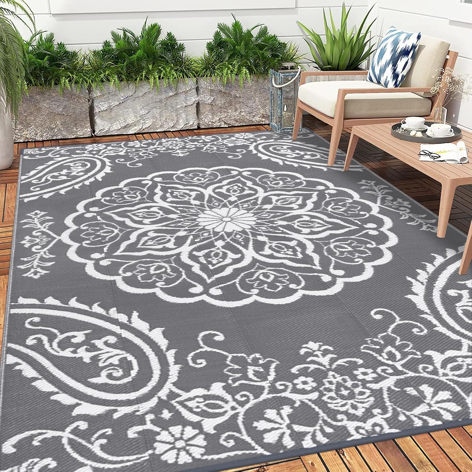 Pauwer Outdoor Rug 10x14. Waterproof Plastic Straw Camping Rug. Boho Grey | Reversible Patio Rug. UV Resistant Indoor Outdoor RV Mat Carpet For Deck. Camper. Porch. Balcony. Backyard. Picnic. Foldable