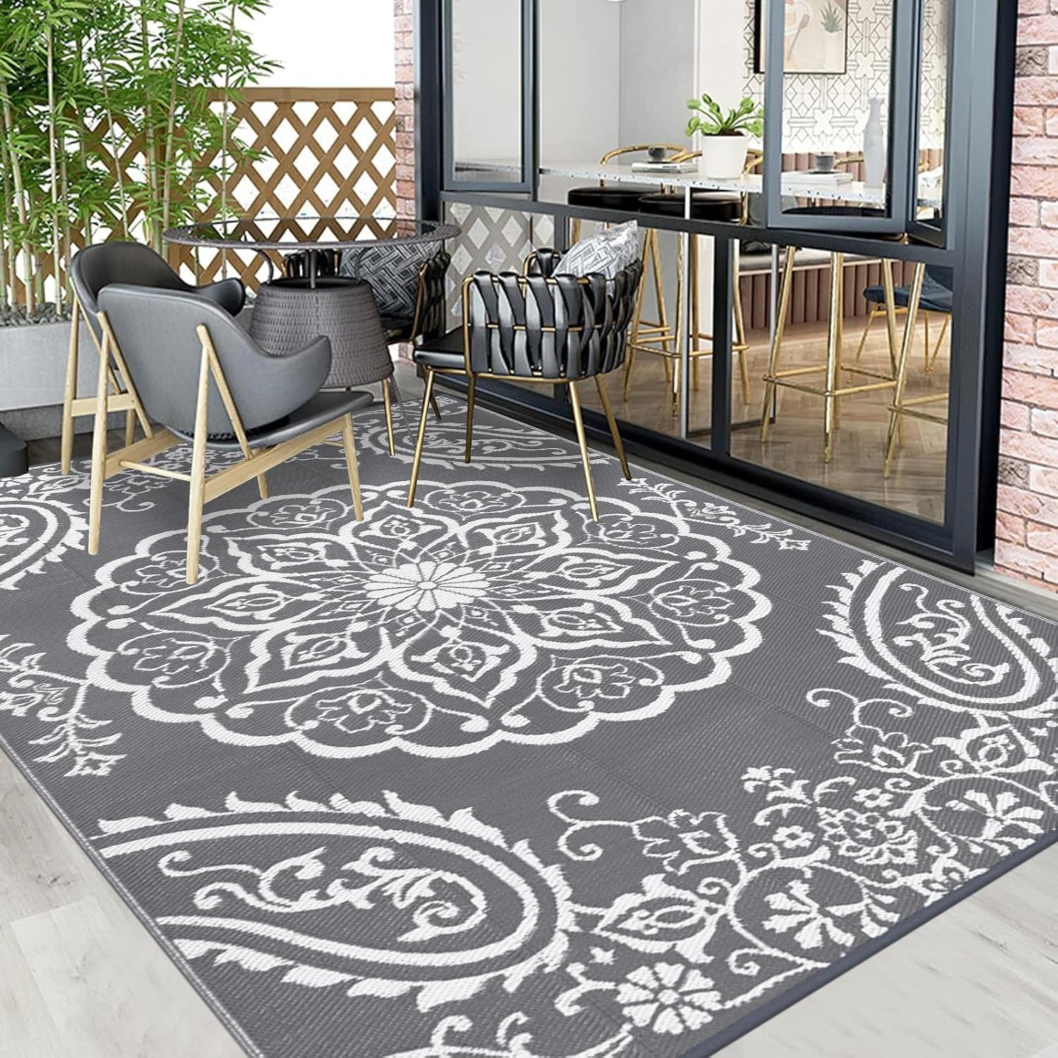 Pauwer Outdoor Rug 10x14. Waterproof Plastic Straw Camping Rug. Boho Grey | Reversible Patio Rug. UV Resistant Indoor Outdoor RV Mat Carpet For Deck. Camper. Porch. Balcony. Backyard. Picnic. Foldable