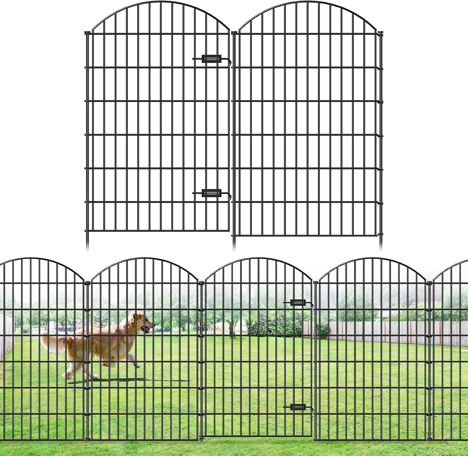Metal Garden Fence with Gate 48 in x 20.3 ft. No-Dig Outdoor Dog Fence | 1 Gate + 7 Panels. Tall Garden Fencing for Large dogs. Temporary Animal Barrier with Iron Stakes. Easy Install Black