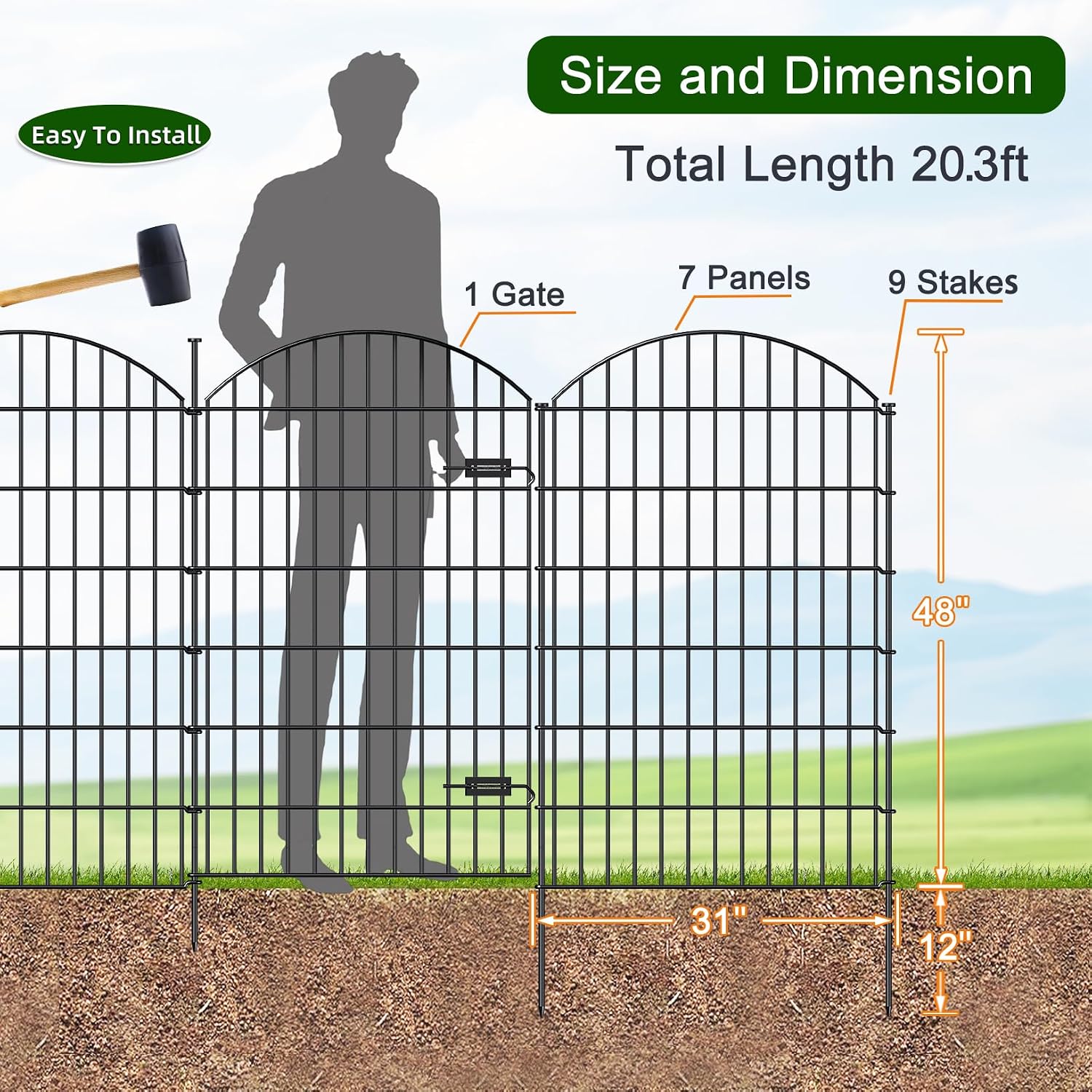 Metal Garden Fence with Gate 48 in x 20.3 ft. No-Dig Outdoor Dog Fence | 1 Gate + 7 Panels. Tall Garden Fencing for Large dogs. Temporary Animal Barrier with Iron Stakes. Easy Install Black
