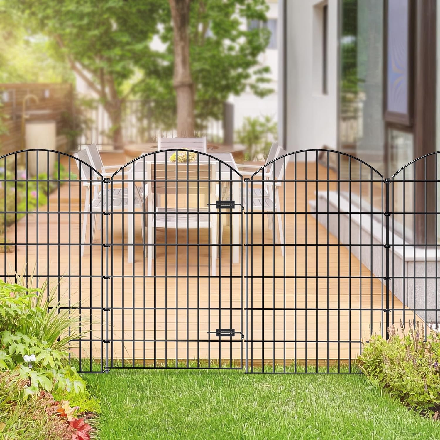 Metal Garden Fence with Gate 48 in x 20.3 ft. No-Dig Outdoor Dog Fence | 1 Gate + 7 Panels. Tall Garden Fencing for Large dogs. Temporary Animal Barrier with Iron Stakes. Easy Install Black