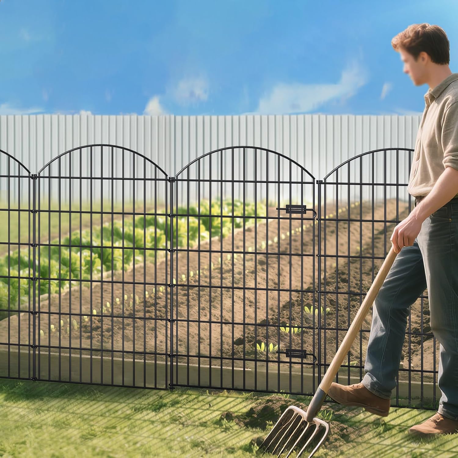 Metal Garden Fence with Gate 48 in x 20.3 ft. No-Dig Outdoor Dog Fence | 1 Gate + 7 Panels. Tall Garden Fencing for Large dogs. Temporary Animal Barrier with Iron Stakes. Easy Install Black