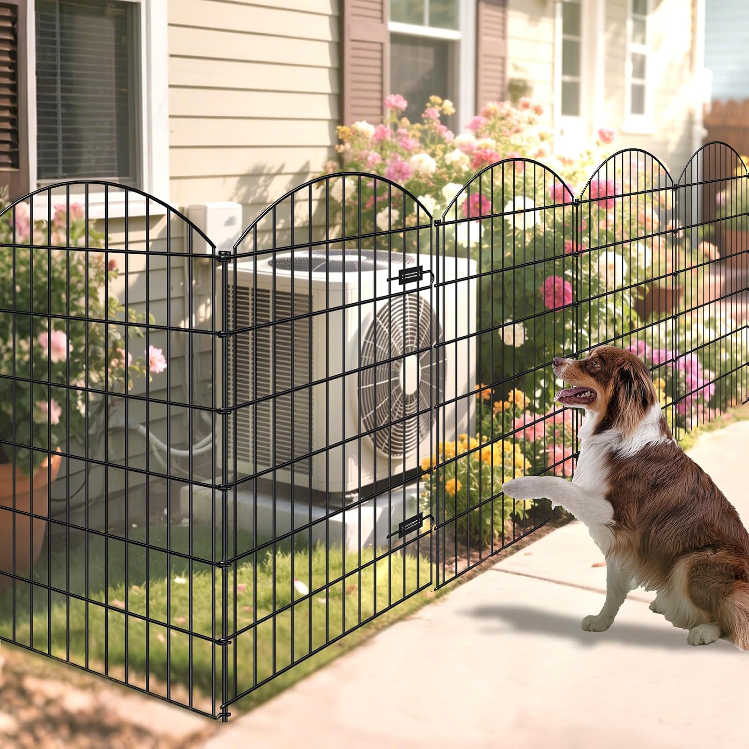 Metal Garden Fence with Gate 48 in x 20.3 ft. No-Dig Outdoor Dog Fence | 1 Gate + 7 Panels. Tall Garden Fencing for Large dogs. Temporary Animal Barrier with Iron Stakes. Easy Install Black