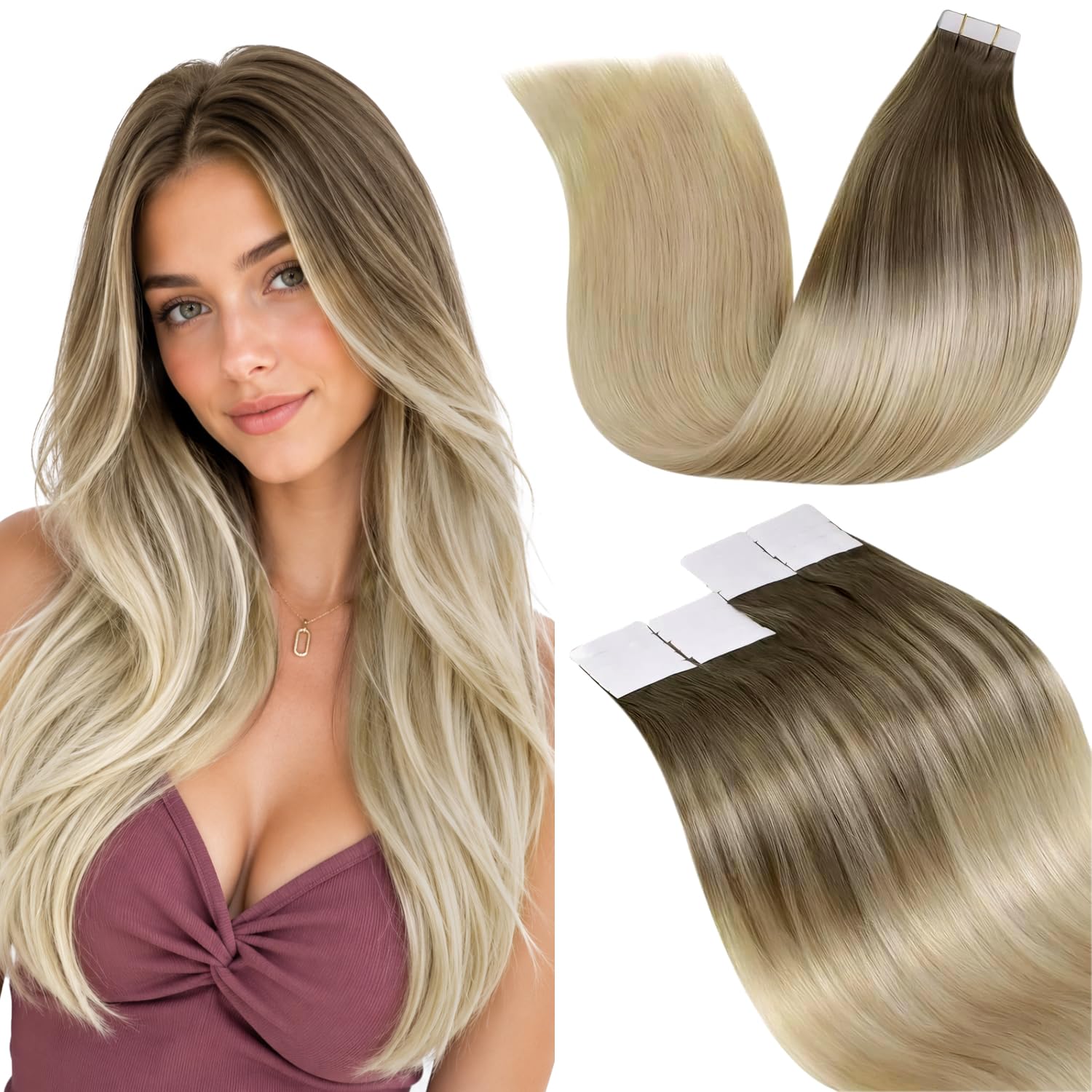 LaaVoo Tape in Hair Extensions Human Hair Ombre Hair Extensions Tape in Real Human Hair Tapes on Extensions Brown to Ash Blonde 12inch 20pcs/30g