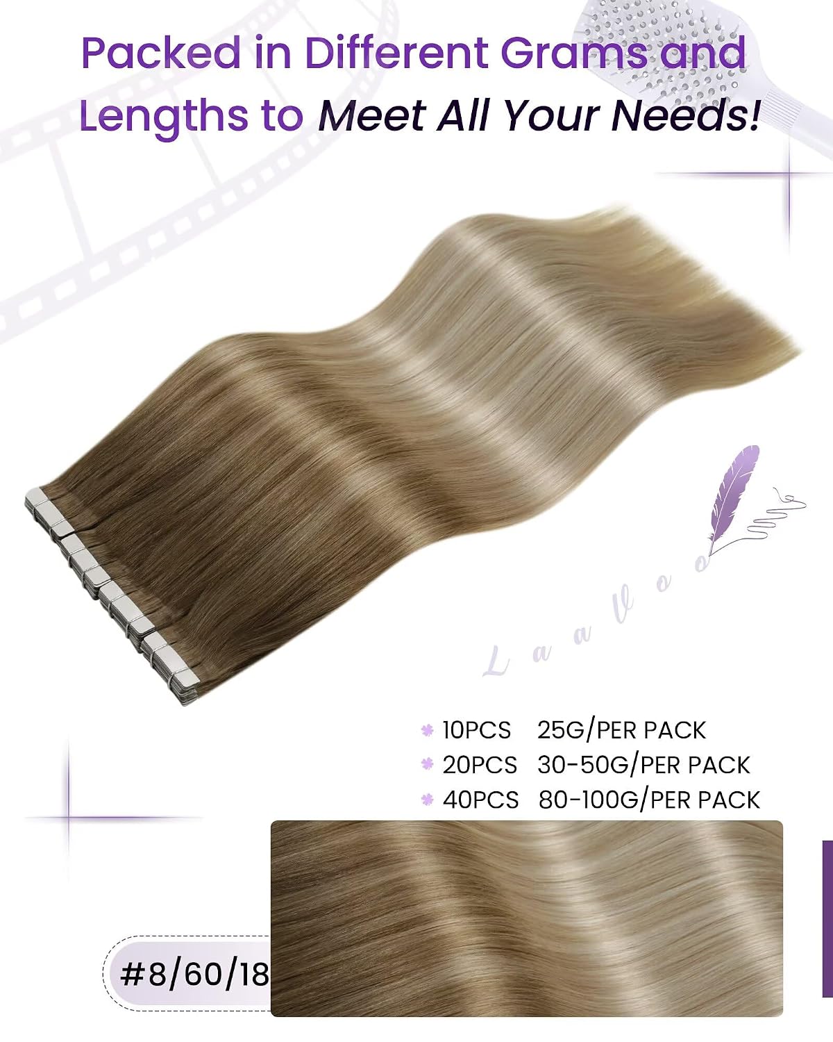 LaaVoo Tape in Hair Extensions Human Hair Ombre Hair Extensions Tape in Real Human Hair Tapes on Extensions Brown to Ash Blonde 12inch 20pcs/30g