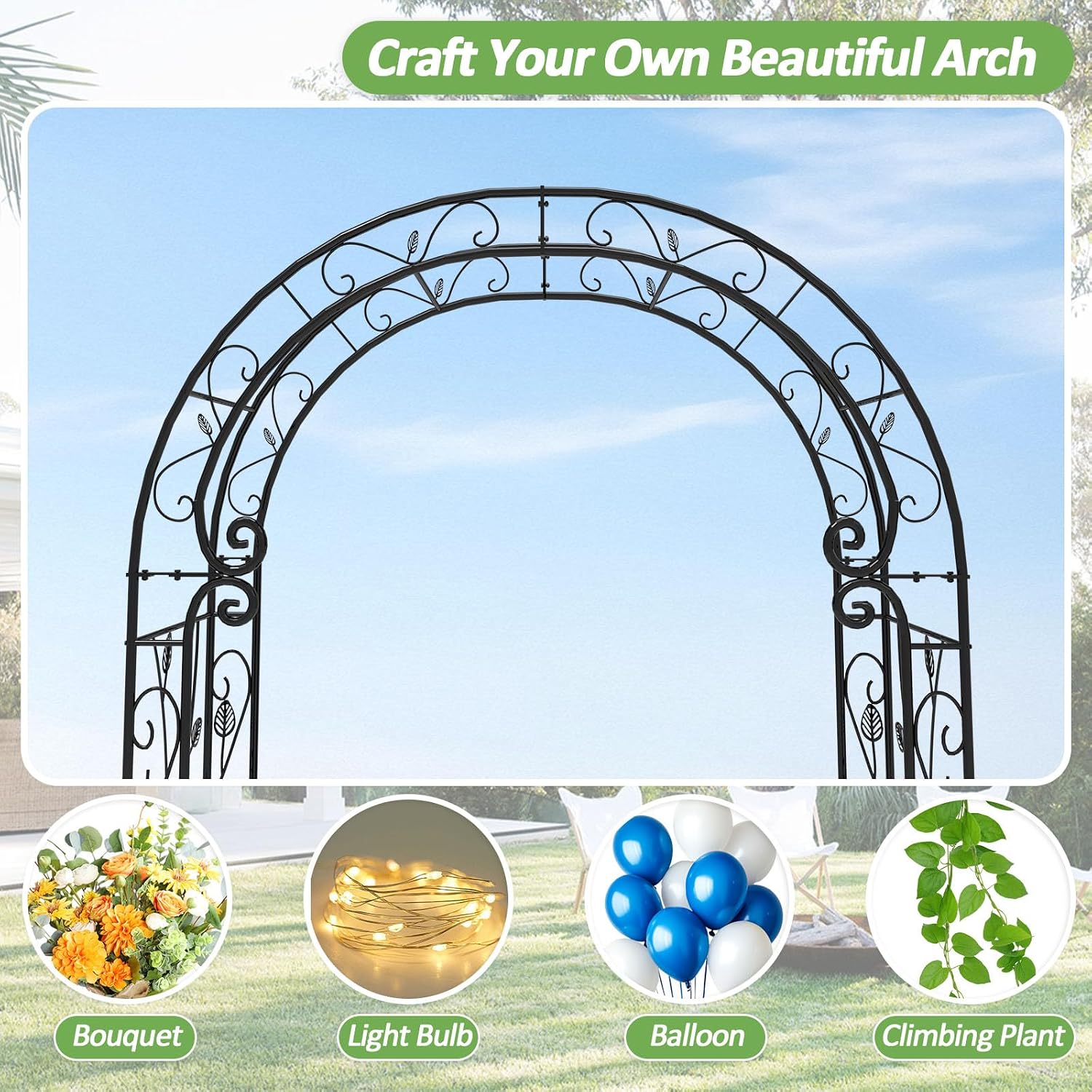 Trellume Garden Abor - 88(H)*51(L). Sturdy Metal Garden Arch with Rust-Resistant Finish. Trellis for Climbing Plants Outdoor. Ideal as Wedding Arches for Ceremony(20MM Pipe)