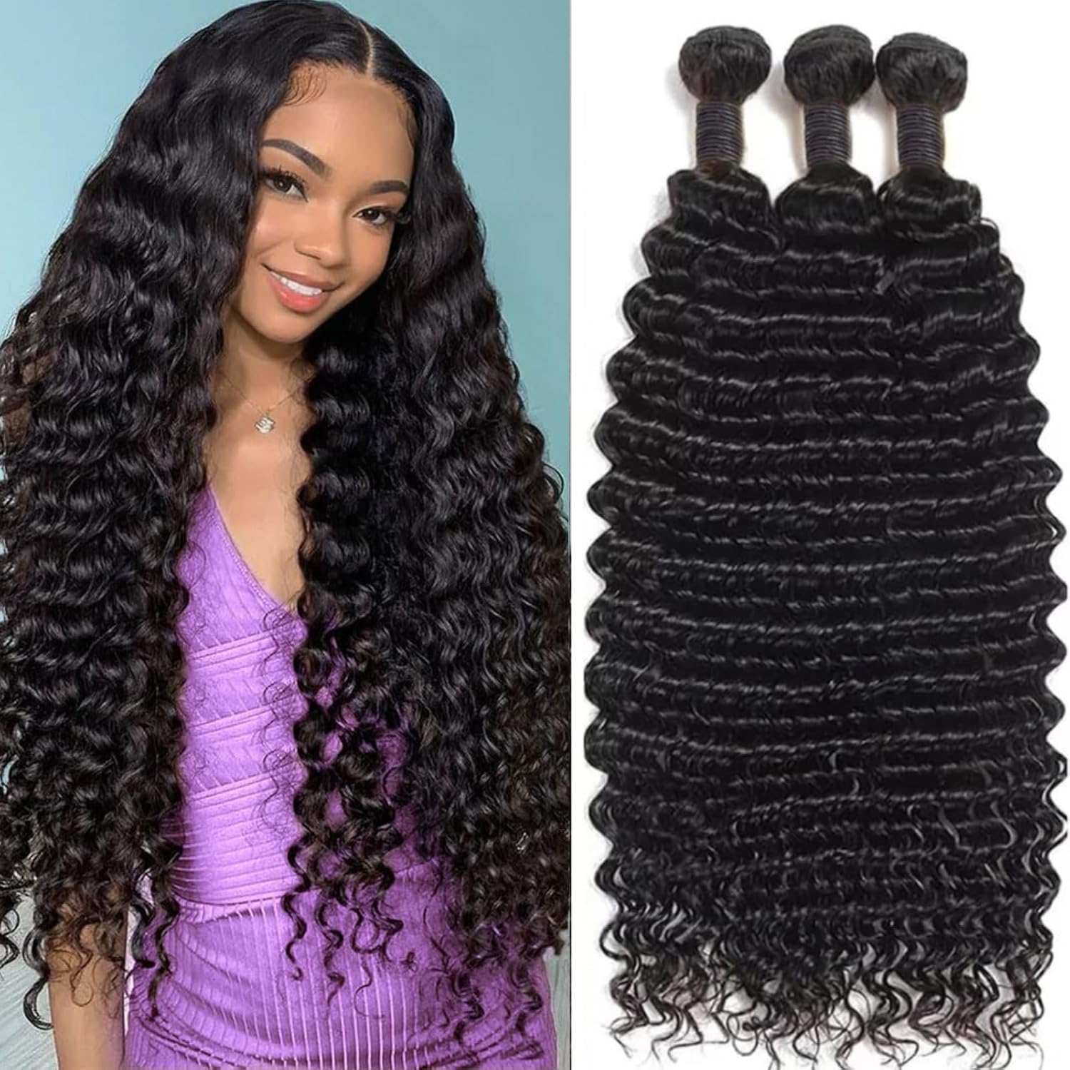 Deep Wave Human Hair Bundles 22 22 22 Inch 12A Unprocessed Brazilian Virgin Hair Deep Curly 3 Bundles Wet and Wave Hair Extensions Natural Color