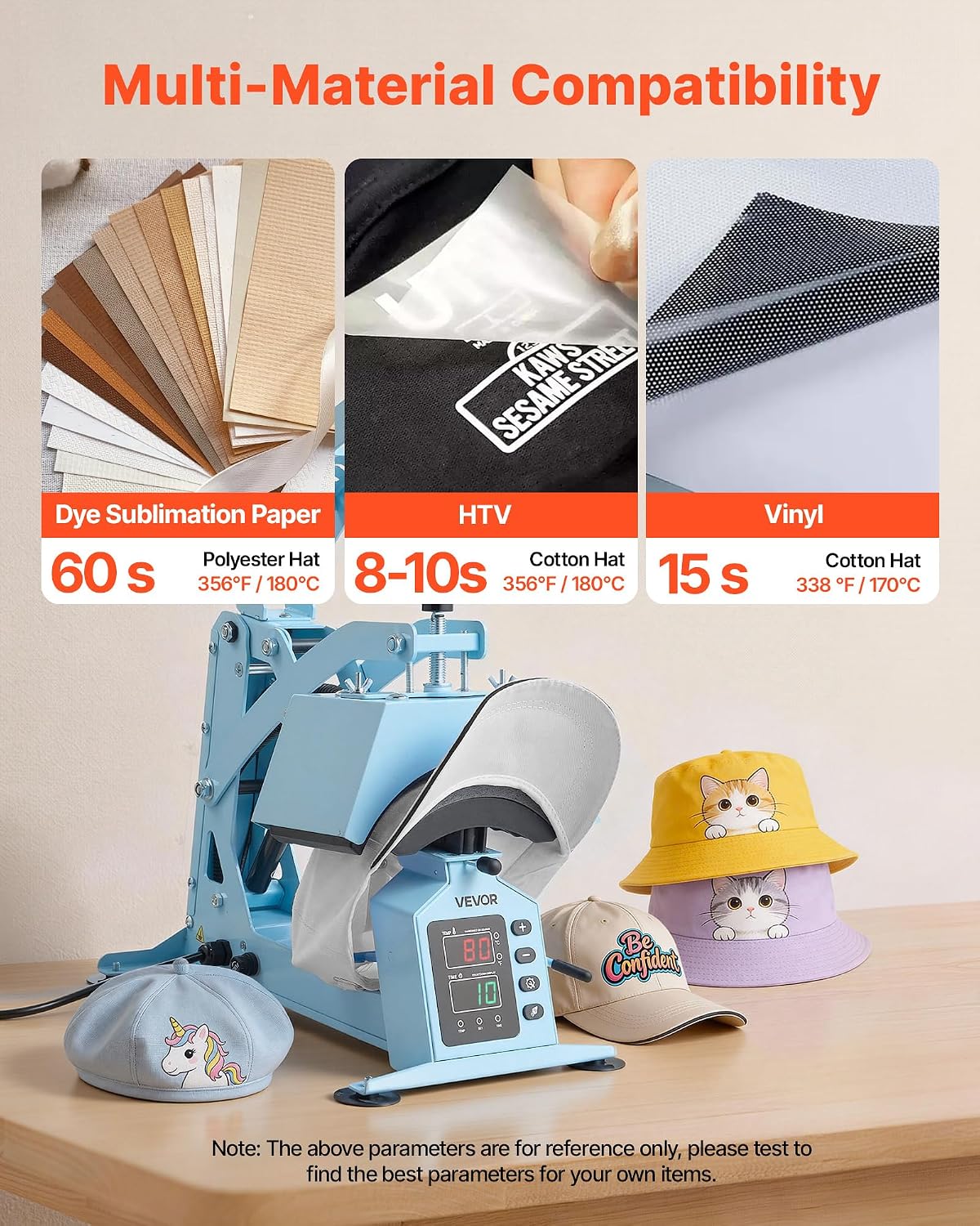 VEVOR 2-in-1 Hat Heat Press Machine. with 2 Platens & Caps Stretcher. Precise Temp&Timer Control. Hat Press Heat Machine for Caps Compatible with HTV Iron On and Sublimation Projects. Light Blue