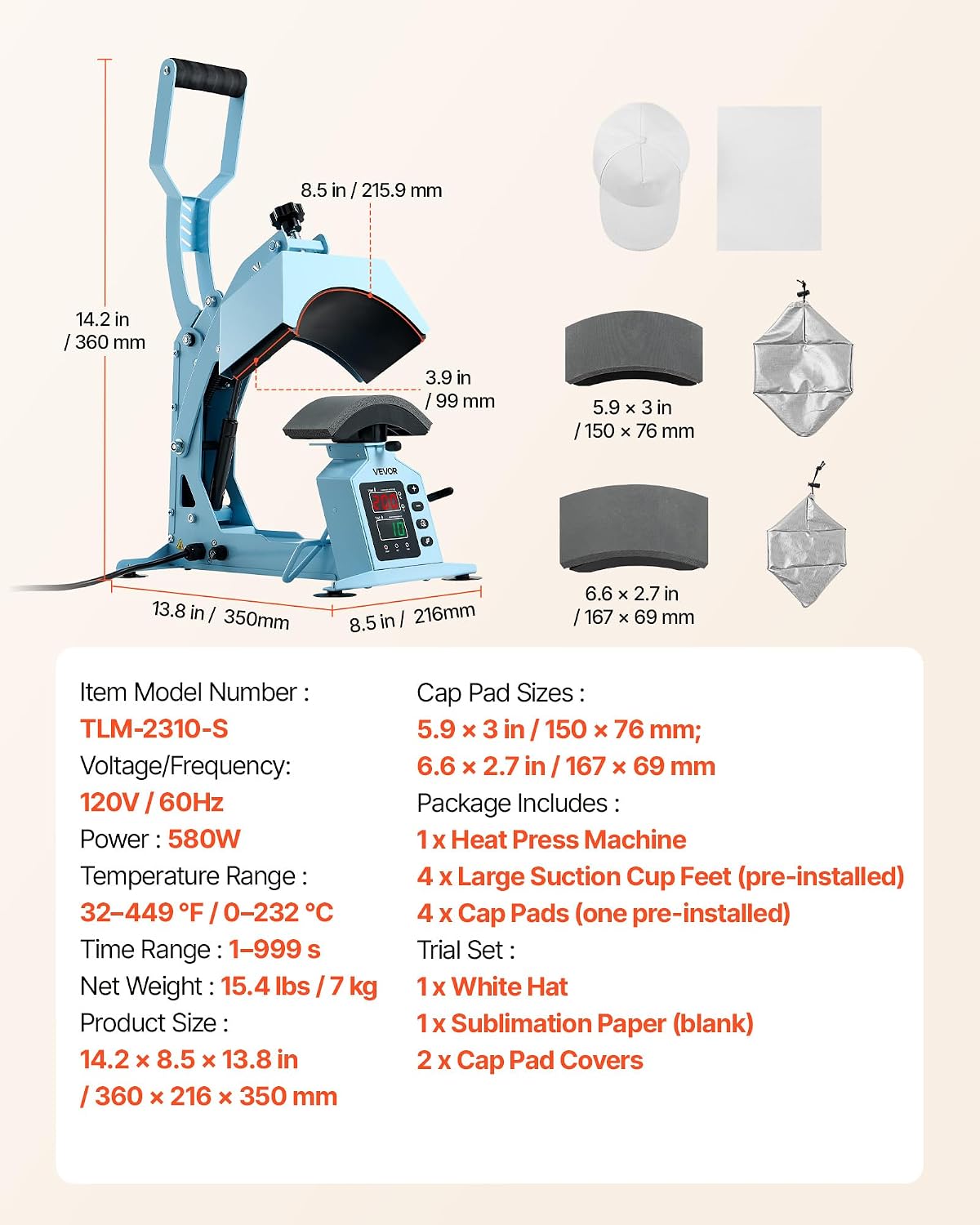 VEVOR 2-in-1 Hat Heat Press Machine. with 2 Platens & Caps Stretcher. Precise Temp&Timer Control. Hat Press Heat Machine for Caps Compatible with HTV Iron On and Sublimation Projects. Light Blue