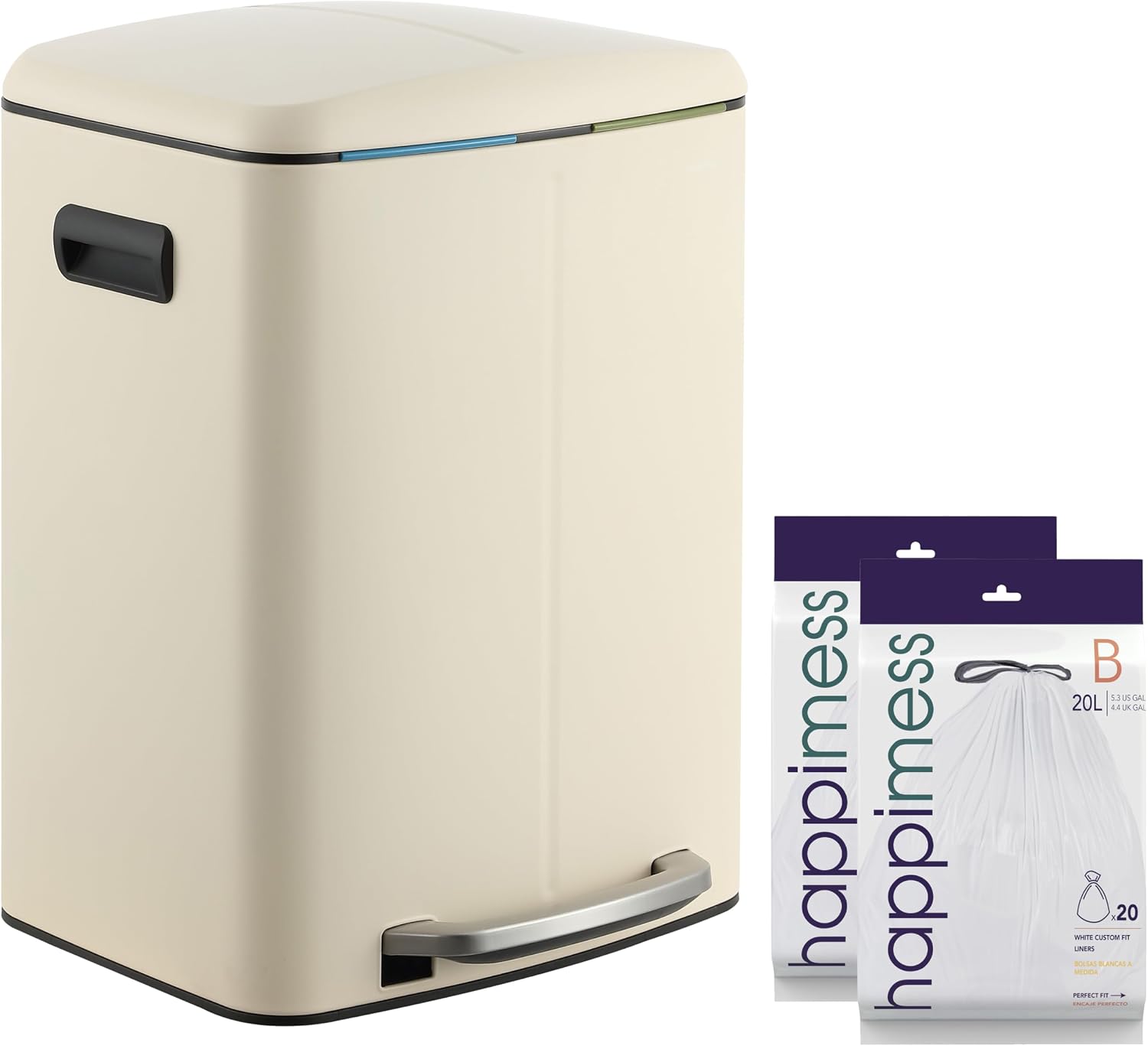 happimess Marco 10.6 Gal Double Bucket Step Trash Can. Limestone Beige | Rectangular Iron. Soft-Close Lid. Steel Step Pedal. Removable Inner Liner. Bags Included