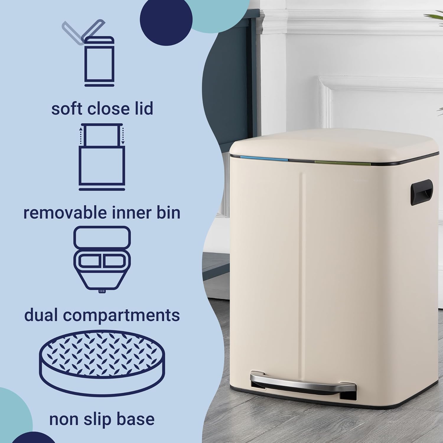 happimess Marco 10.6 Gal Double Bucket Step Trash Can. Limestone Beige | Rectangular Iron. Soft-Close Lid. Steel Step Pedal. Removable Inner Liner. Bags Included