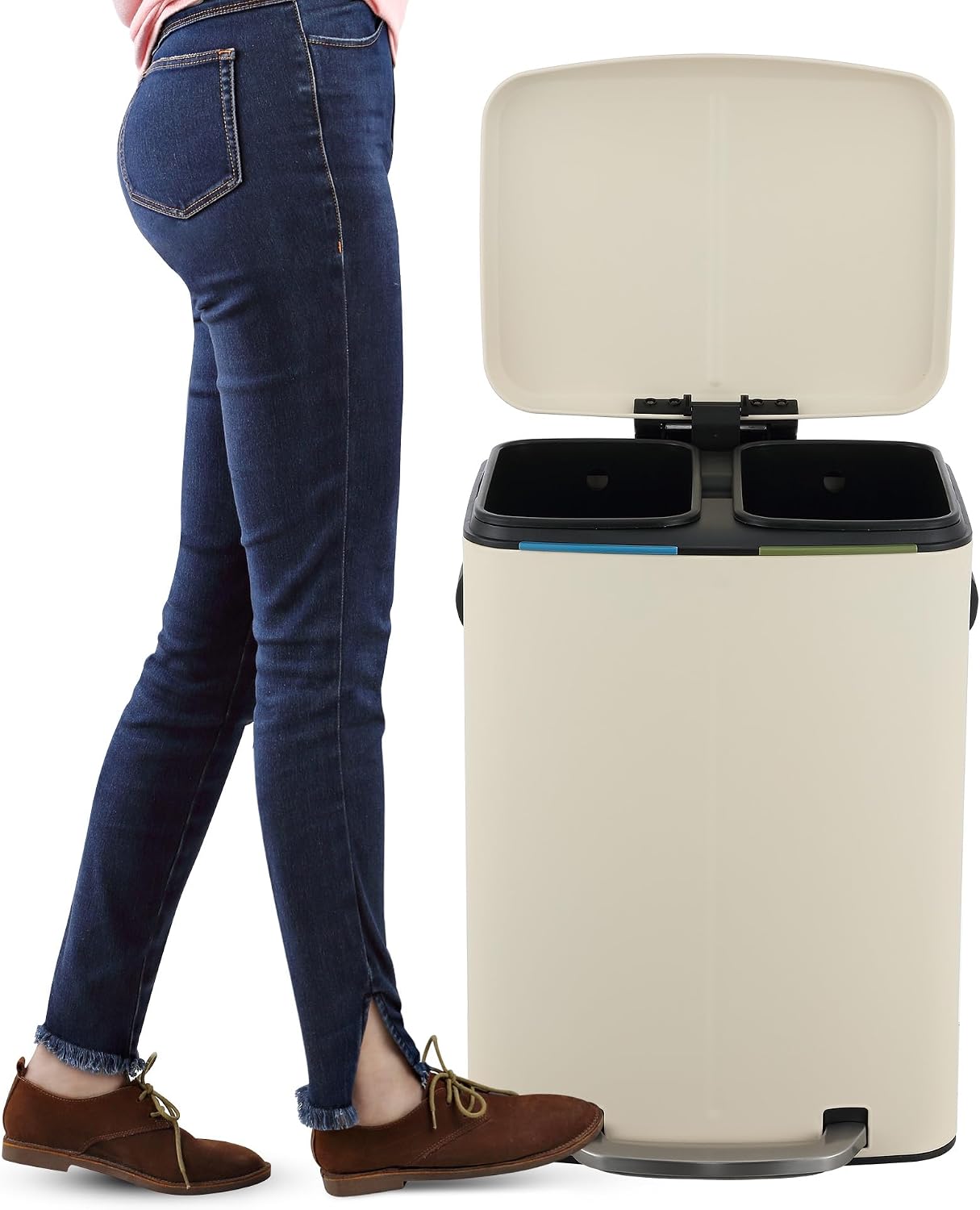 happimess Marco 10.6 Gal Double Bucket Step Trash Can. Limestone Beige | Rectangular Iron. Soft-Close Lid. Steel Step Pedal. Removable Inner Liner. Bags Included