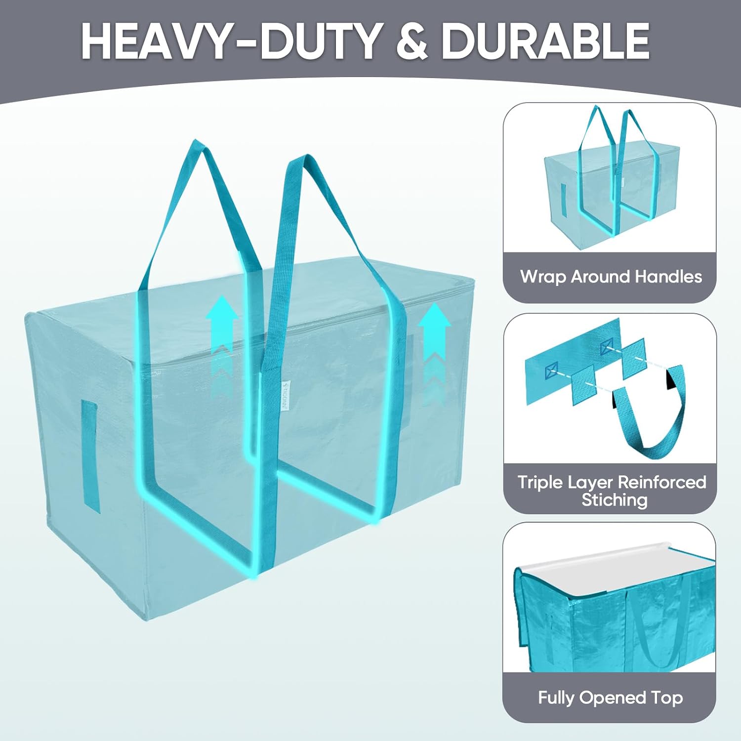 TICONN 2 Pack Extra Large Moving Bags Heavy Duty with Zippers & Carrying Handles. Durable Storage Bags Moving Boxes for Closet Organizers and Storage (2 Pack. Aqua)