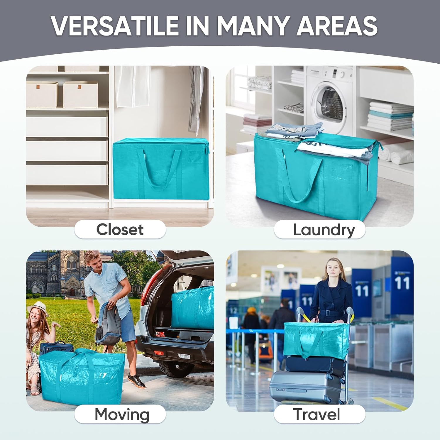 TICONN 2 Pack Extra Large Moving Bags Heavy Duty with Zippers & Carrying Handles. Durable Storage Bags Moving Boxes for Closet Organizers and Storage (2 Pack. Aqua)