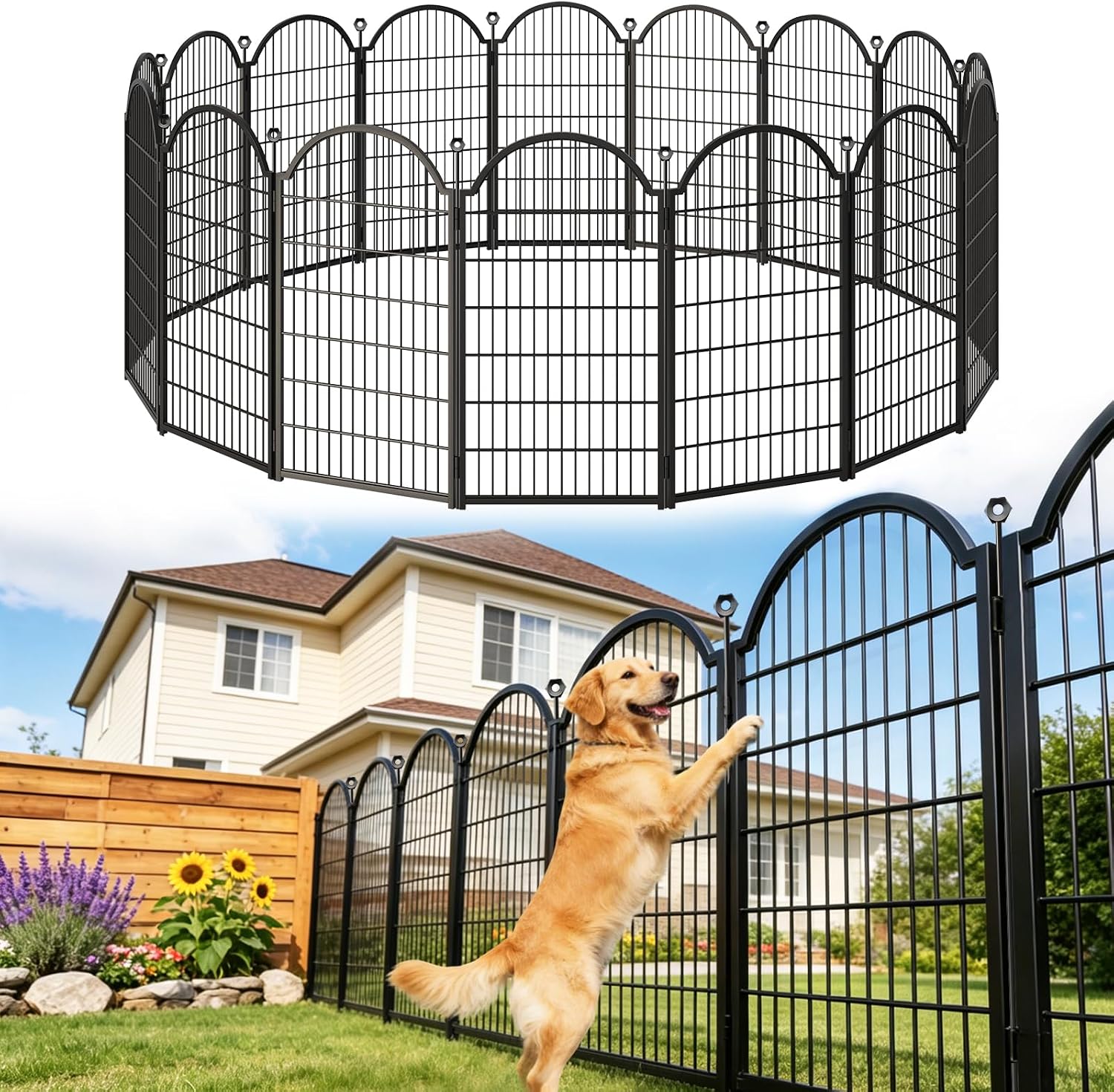 8 Panels Decorative Garden/Dog Fence Outdoor for Yard. 48in(H) x 18ft(L) | Heavy Duty Metal Animal Barrier for Dog. Arched Flower Bed Edging. Rustproof Panel Borders with Temporary Ground Stakes