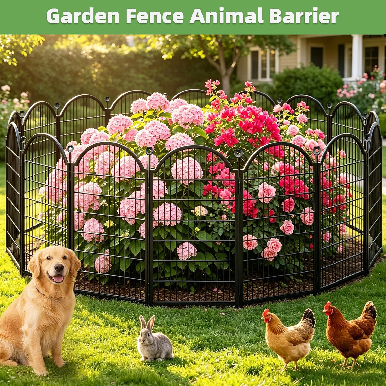 8 Panels Decorative Garden/Dog Fence Outdoor for Yard. 48in(H) x 18ft(L) | Heavy Duty Metal Animal Barrier for Dog. Arched Flower Bed Edging. Rustproof Panel Borders with Temporary Ground Stakes
