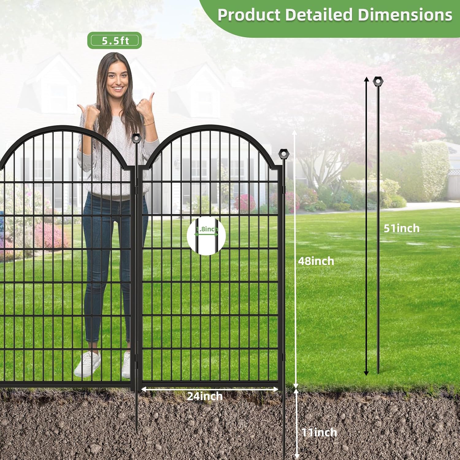 8 Panels Decorative Garden/Dog Fence Outdoor for Yard. 48in(H) x 18ft(L) | Heavy Duty Metal Animal Barrier for Dog. Arched Flower Bed Edging. Rustproof Panel Borders with Temporary Ground Stakes