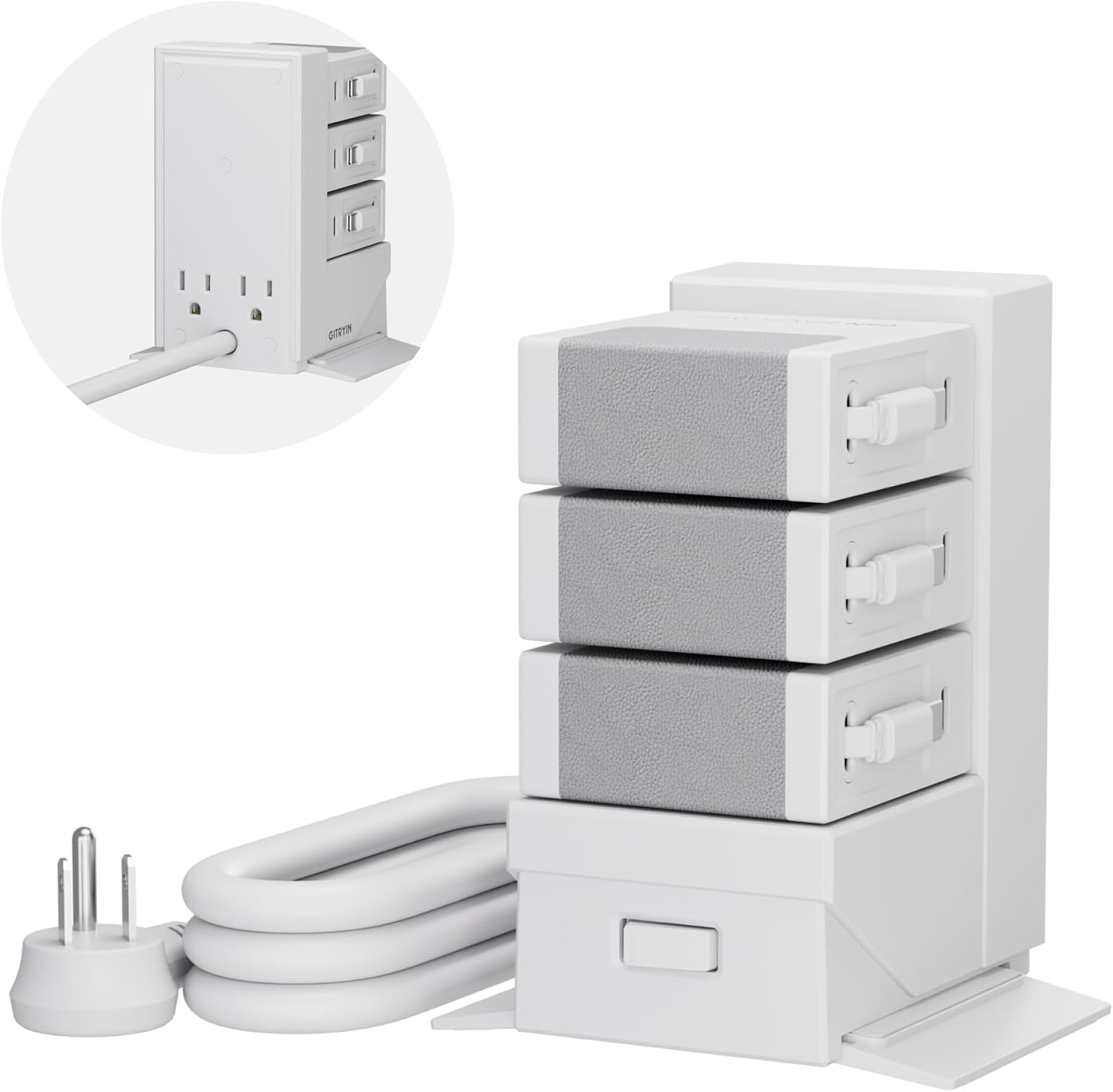 Gitryin Desktop Charging Station for Nightstand. 120W Retractable Charger | ModDock 3 Modular Charging Hub. 8-in-1 Fast Charger for Multiple Devices. 2 AC. 3 USB C. 33.5in Retractable Cables. White