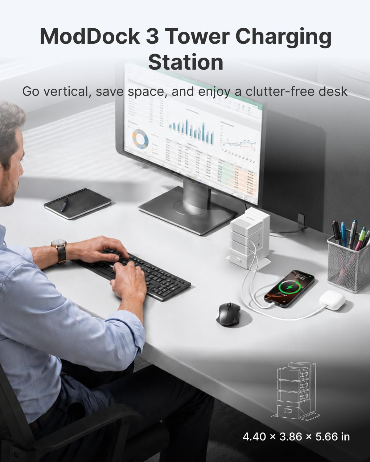 Gitryin Desktop Charging Station for Nightstand. 120W Retractable Charger | ModDock 3 Modular Charging Hub. 8-in-1 Fast Charger for Multiple Devices. 2 AC. 3 USB C. 33.5in Retractable Cables. White