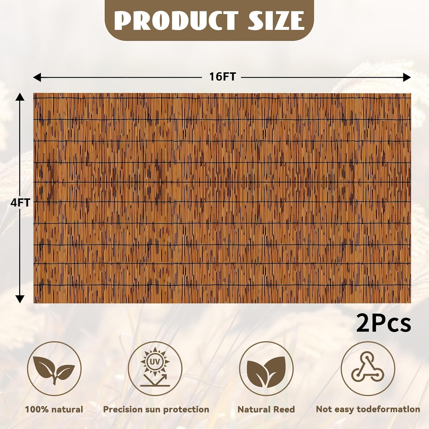 KOIUEYW Bamboo Reed Fencing. Light Russet Bamboo Fence Rolls 4 Feet High. Decorative Reed Screen Privacy Curtains for Patio Balcony Garden Backyard Outdoor. 4 x 16 FT (2 Pcs)