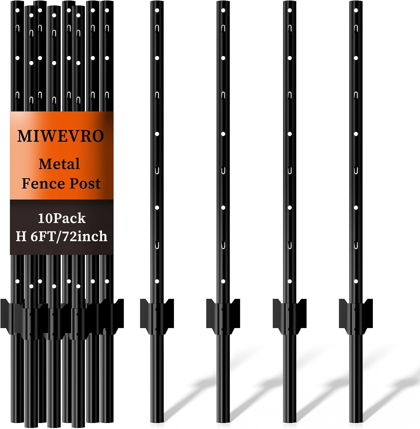Metal Garden Fence Posts– Heavy Duty U-Post for Wire Fencing. 6 FT Black | 10 Pack No-Dig Fence Stakes for Temporary Fencing. Corner Anchor Posts. Rustproof Powder-Coated Steel for Farm. Yard & Garden