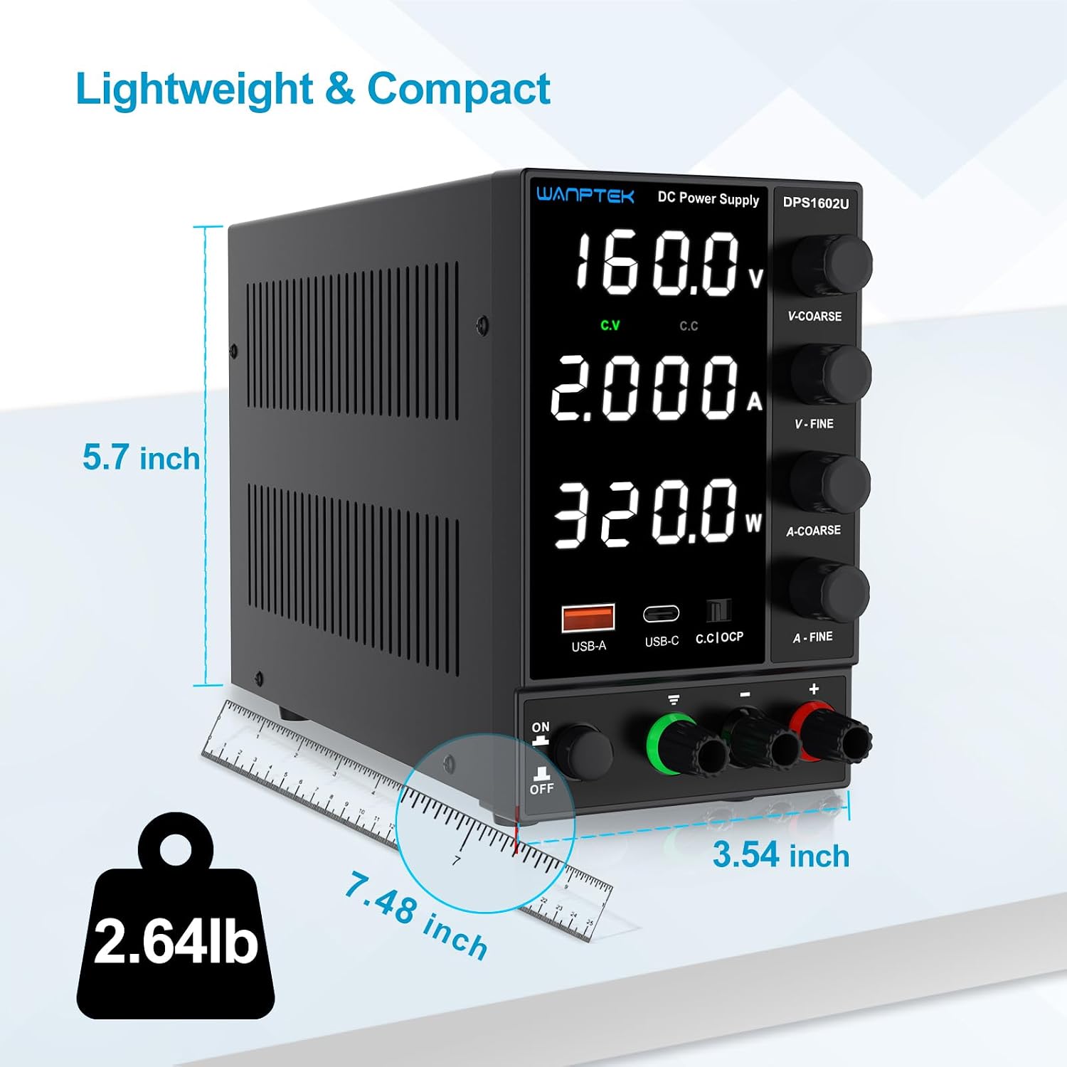DC Power Supply 0-160V 0-2A. Bench Power Supply with Encoder Knob. Adjustable Regulated Power Supply with 5V 3.6A USB & Type-C Quick-Charge. Variable Power Supply with Overcurrent Protection