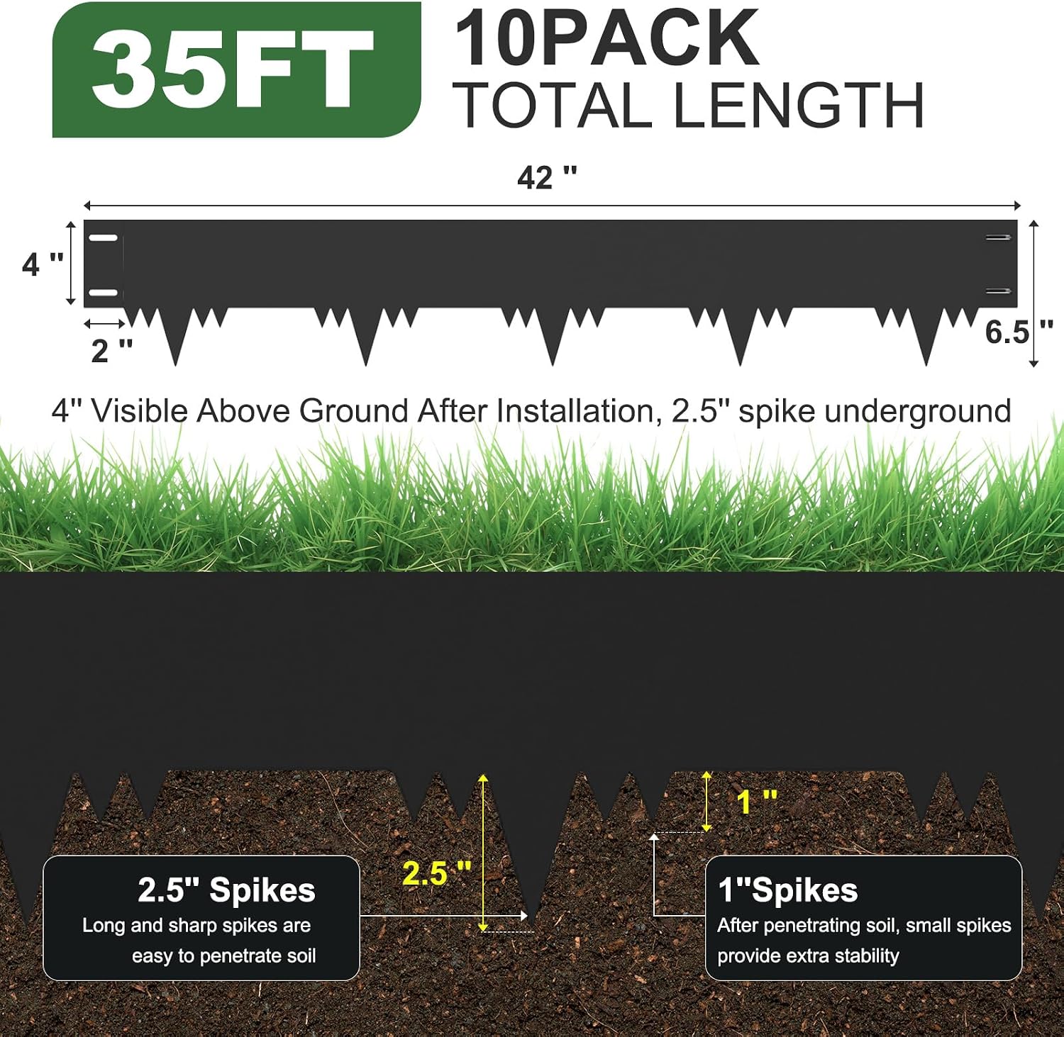 Galvanized Steel Landscape Edging Border 10 Packs 42'' L x 6.5'' H. Metal Landscape Garden Edging Border with 10 Stakes. Hammer-in Lawn Edging for Landscaping. Flower Bed. Yard. Pathway (35ft Total)