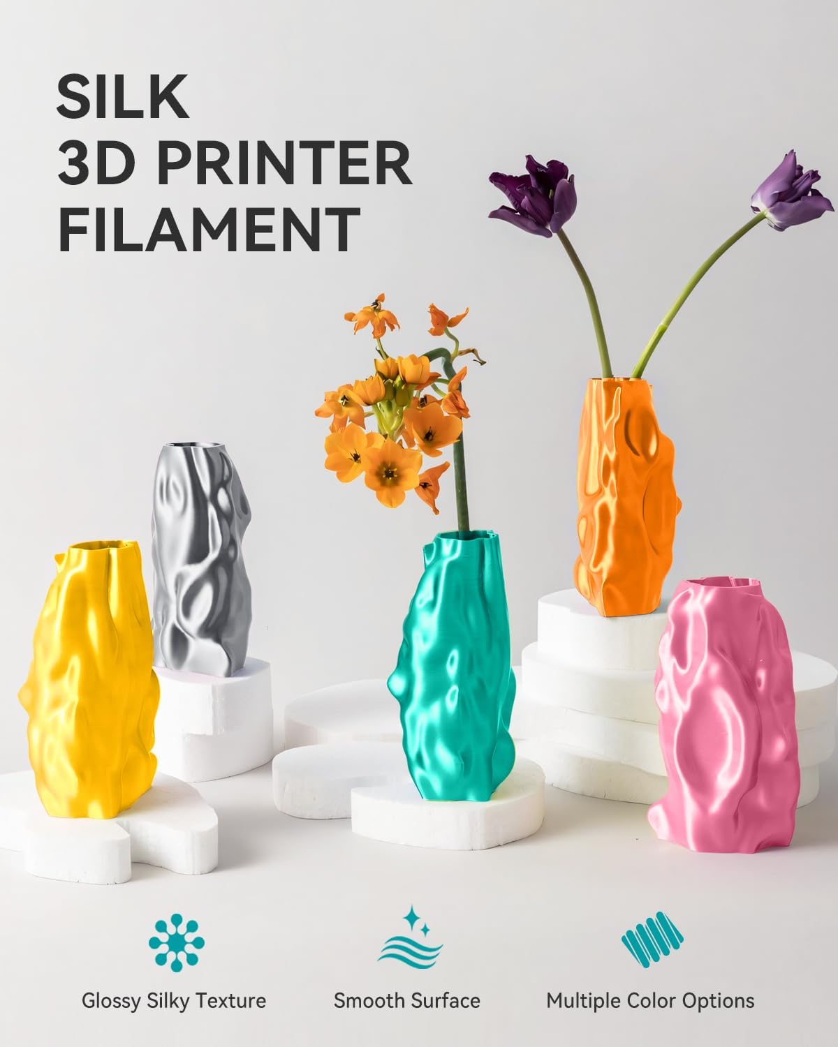 SUNLU 12KG 3D Printer Silk PLA Filament Bundle. Silk Filament 1.75mm+/- 0.02mm. 1KG Spool(2.2 LBS). Total 12KG. Light Gold+Silver+Black+White+Grey+Red+Blue+Green+Orange+Pink+Purple+Red Copper