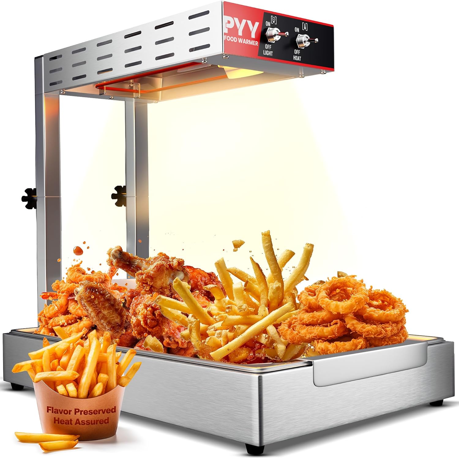 PYY French Fry Warmer - Commercial Food Heat Lamp Chip Warmer. Adjustable Height 15.4-18.5 Food Warmer Temp 86°F-156°F Countertop Freestanding Food Truck Restaurant Buffet