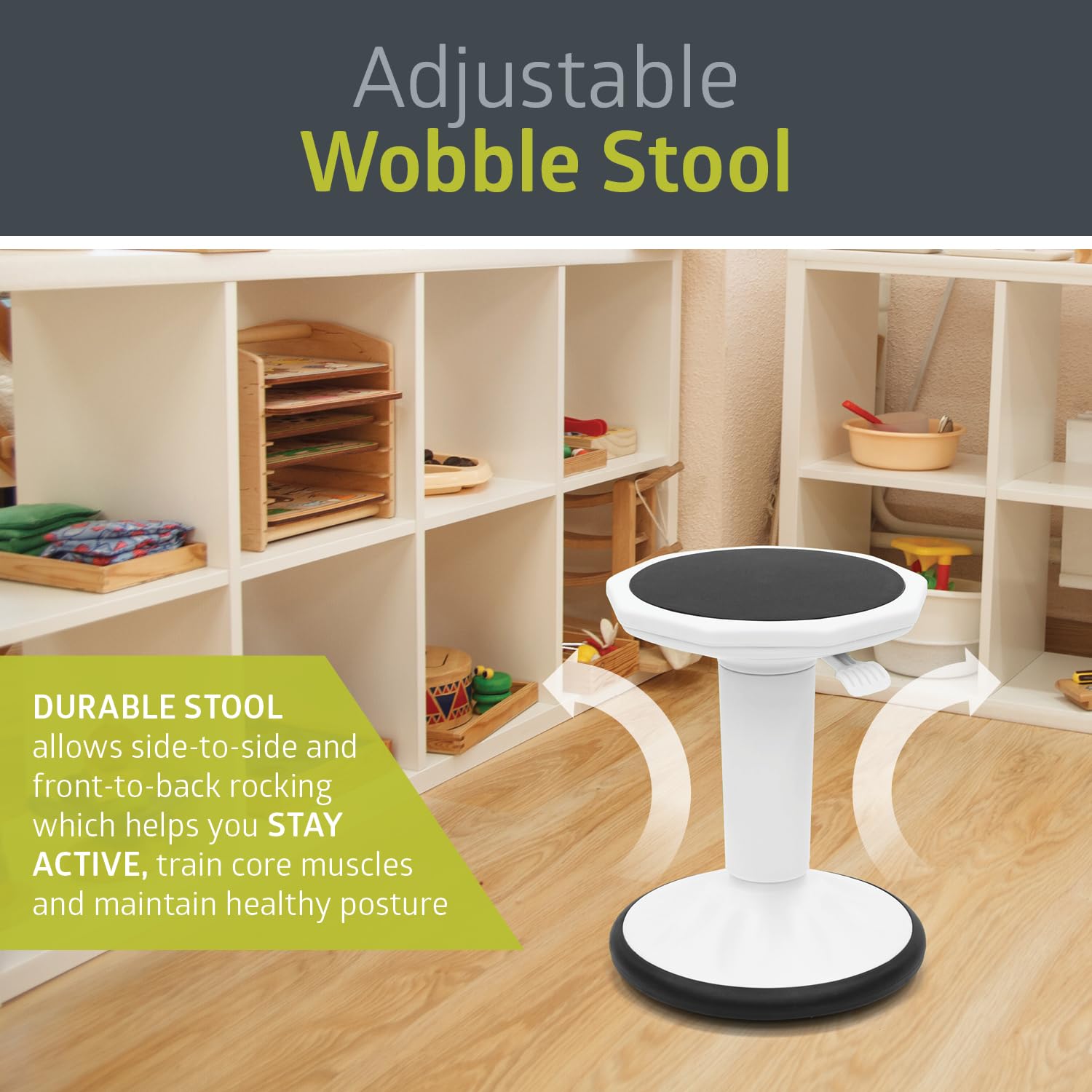 Pearington SitFree Height Adjustable Wobble Stool. Active Flexible Seating Chair for Kids and Adults - School and Office. White