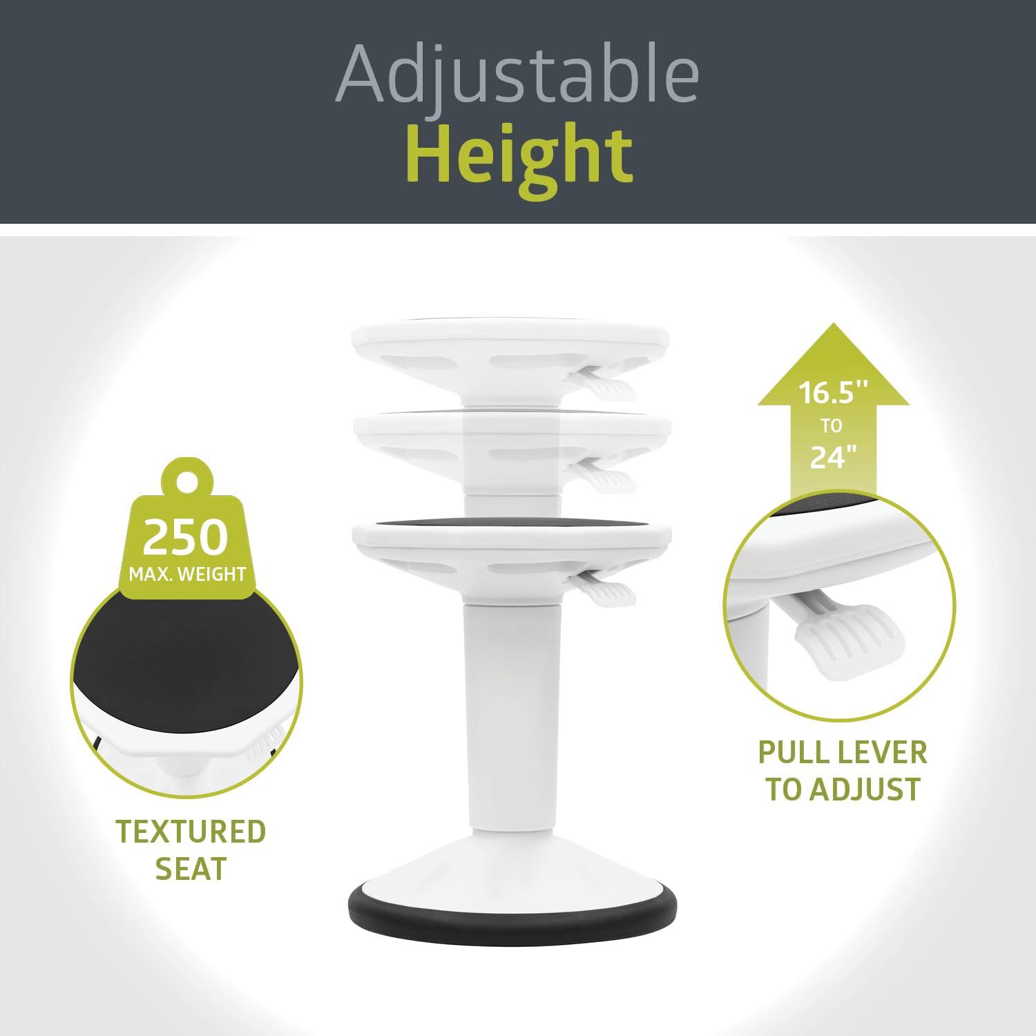 Pearington SitFree Height Adjustable Wobble Stool. Active Flexible Seating Chair for Kids and Adults - School and Office. White