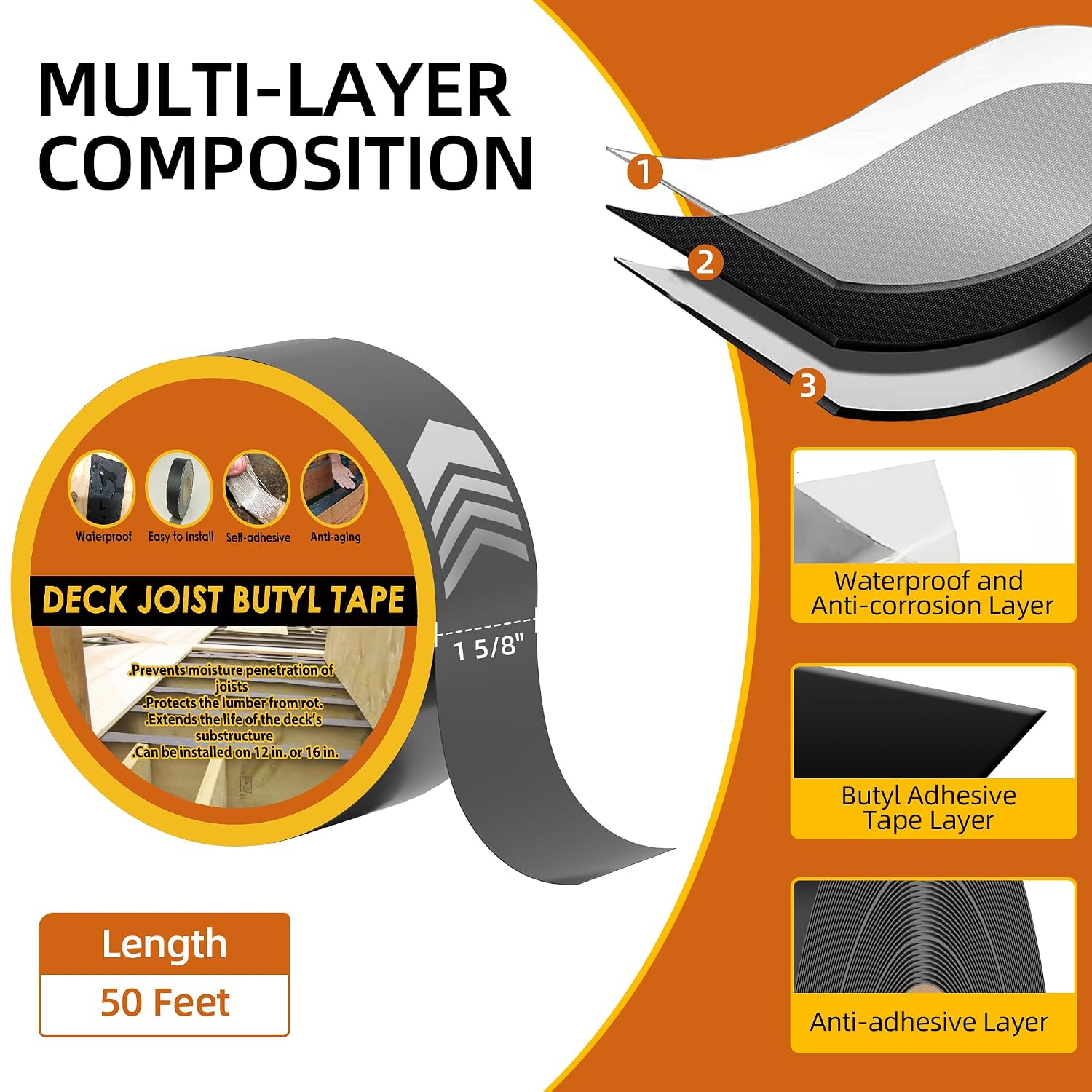 JOAPRIL Joist Tape for Decking 1-5/8 x 50' 24 Pack | Butyl Tape. Waterproof Seal. Weather-Resistant. Self-Adhesive Flashing Tape. For Wood Decks. Beams And Roofs
